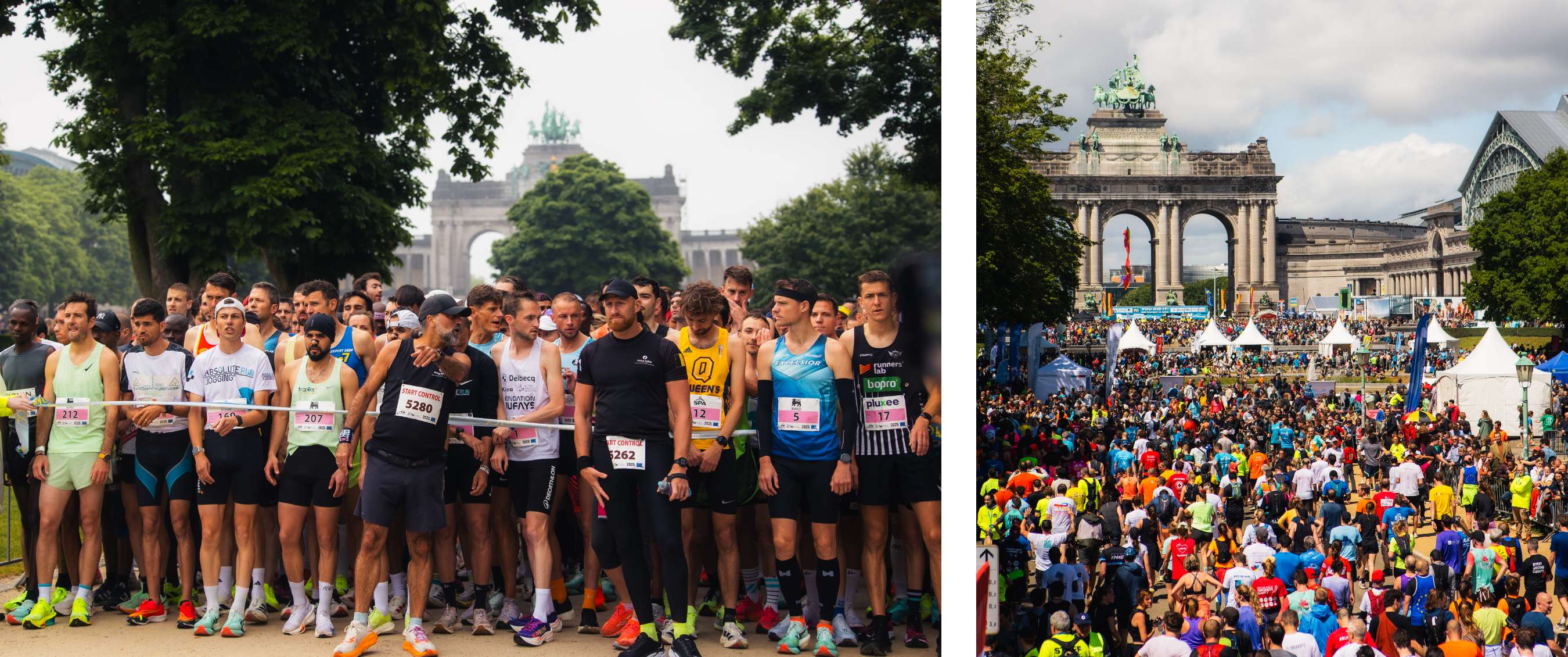 Deux images : groupe de participants avec dossards prêts pour une course ; vue d’ensemble d’un événement de course très fréquenté au parc du Cinquantenaire à Bruxelles