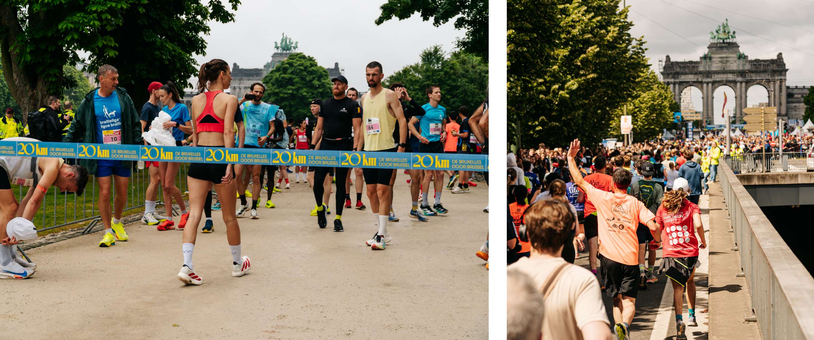 Deux images : coureurs attendant derrière la barrière de départ des 20 km de Bruxelles ; participants courant le long d’un pont avec du public vers le parc du Cinquantenaire à Bruxelles