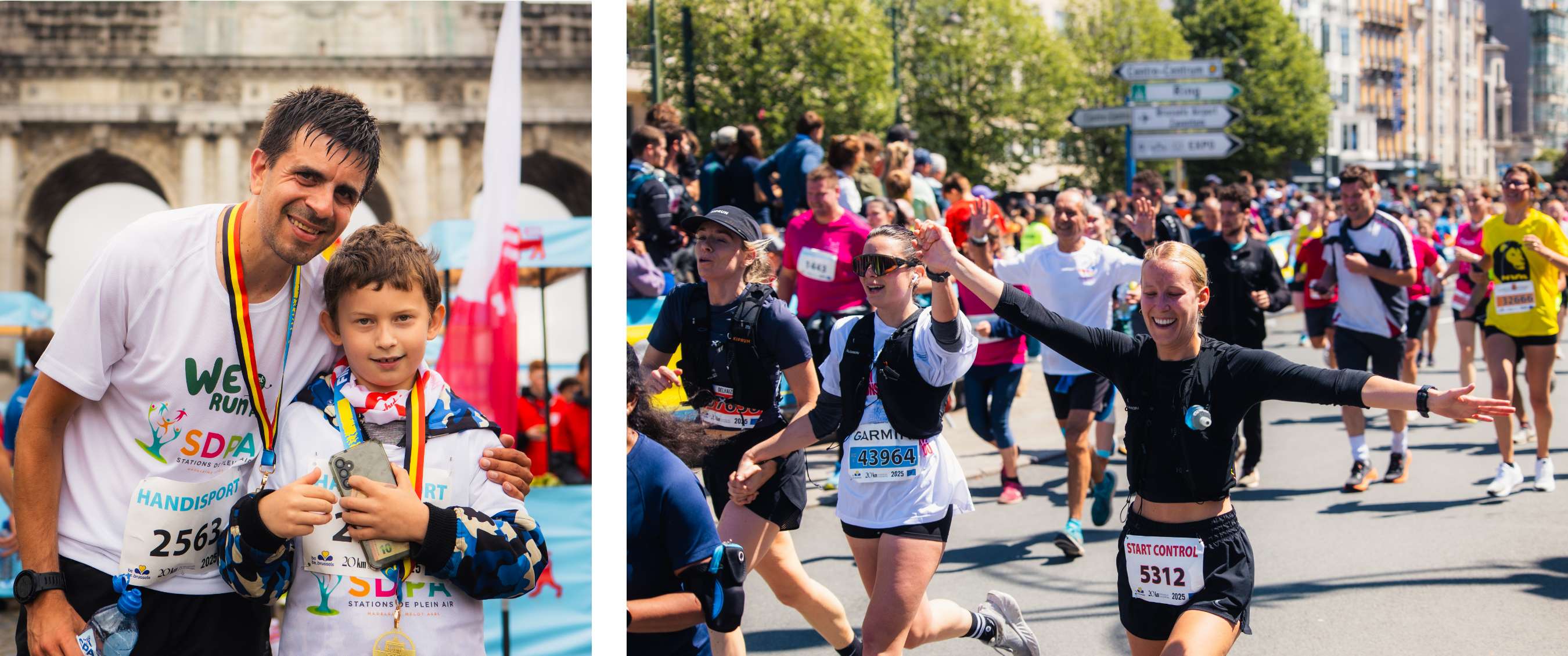 Deux images : adulte et enfant portant des médailles après les 20 km de Bruxelles ; coureurs célébrant ensemble pendant la course à Bruxelles