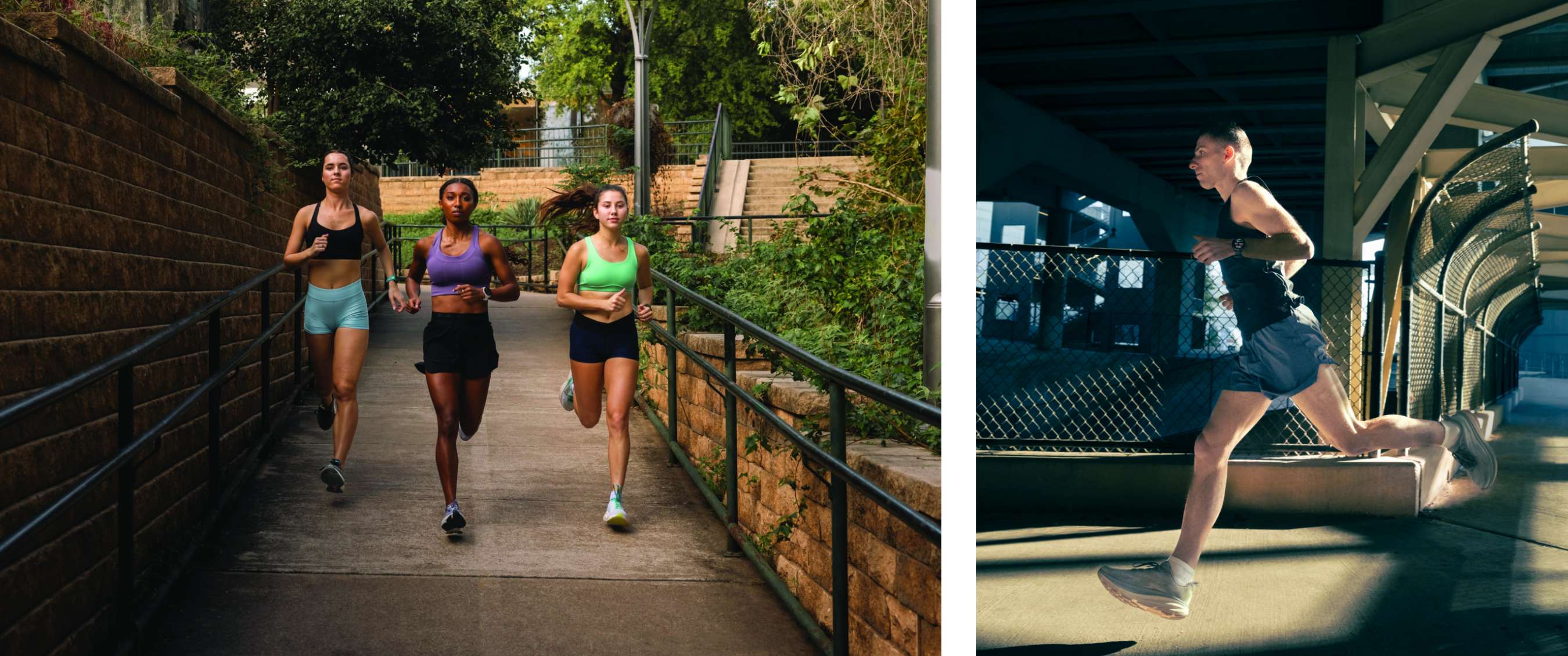 Deux images : Groupe de coureuses sur un sentier urbain avec rampe ; sportif en tenue noire courant sous une structure de pont.