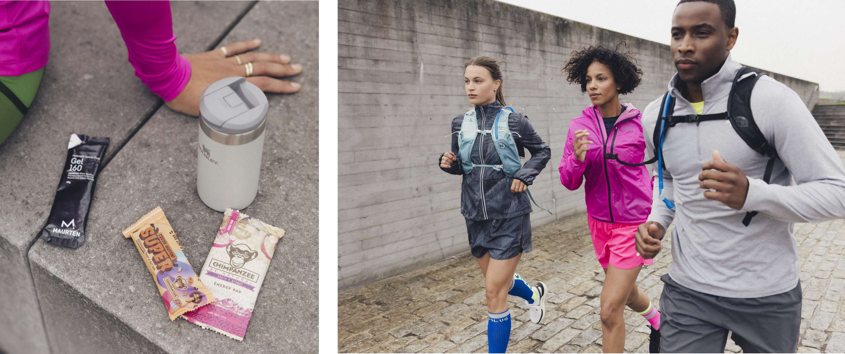 Deux images : nutrition sportive près d’une tasse ; trois coureurs avec sacs d’hydratation dans une rue