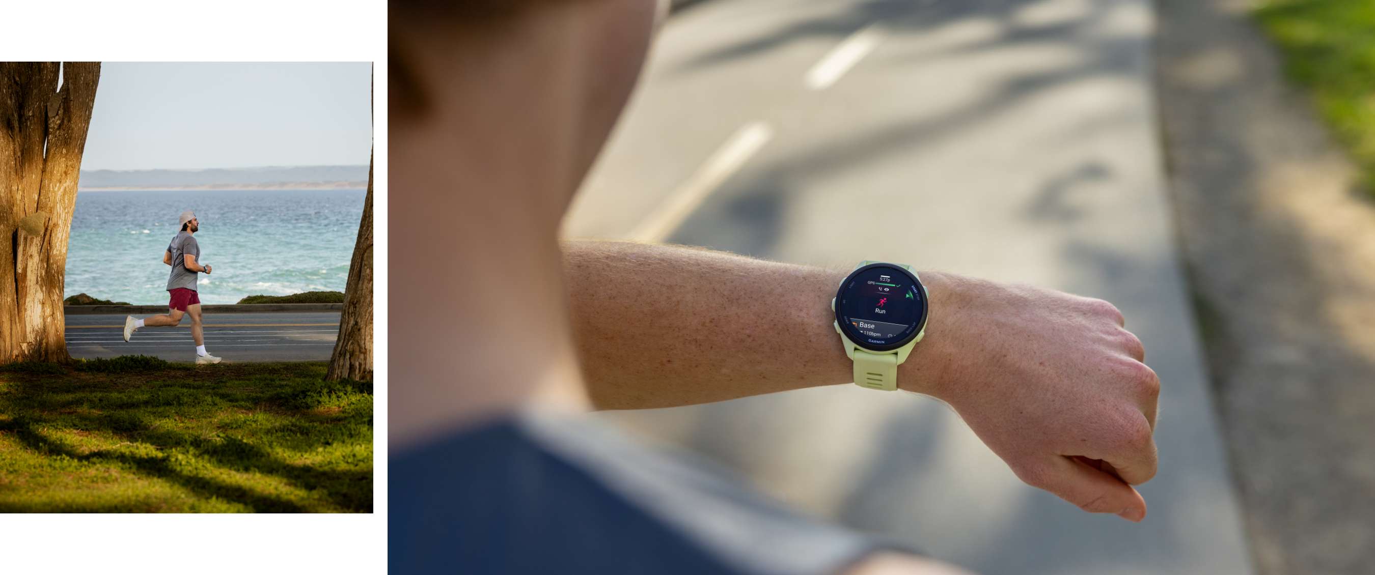 Deux images : coureur sur une route côtière et montre connectée Garmin en mode Run.