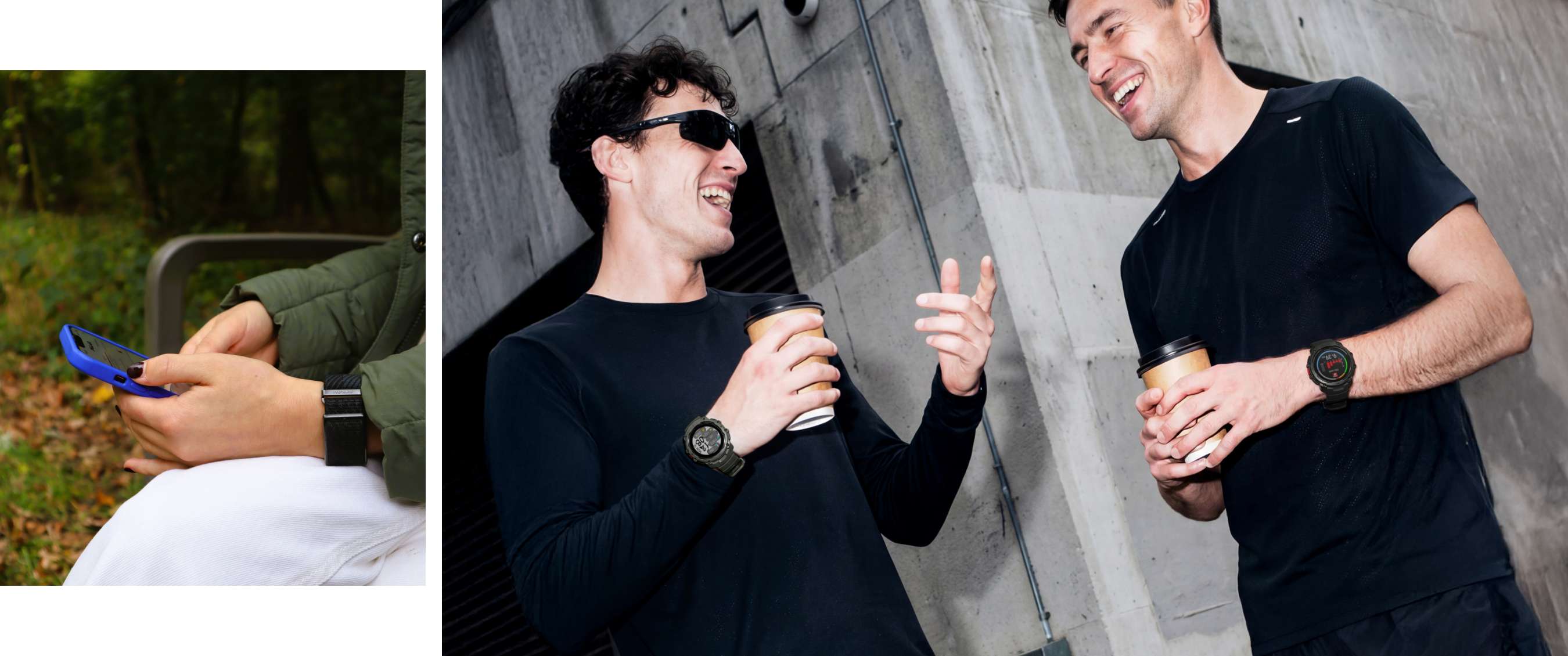 Deux images : personne utilisant un smartphone avec une montre de sport et deux sportifs discutant avec un café.