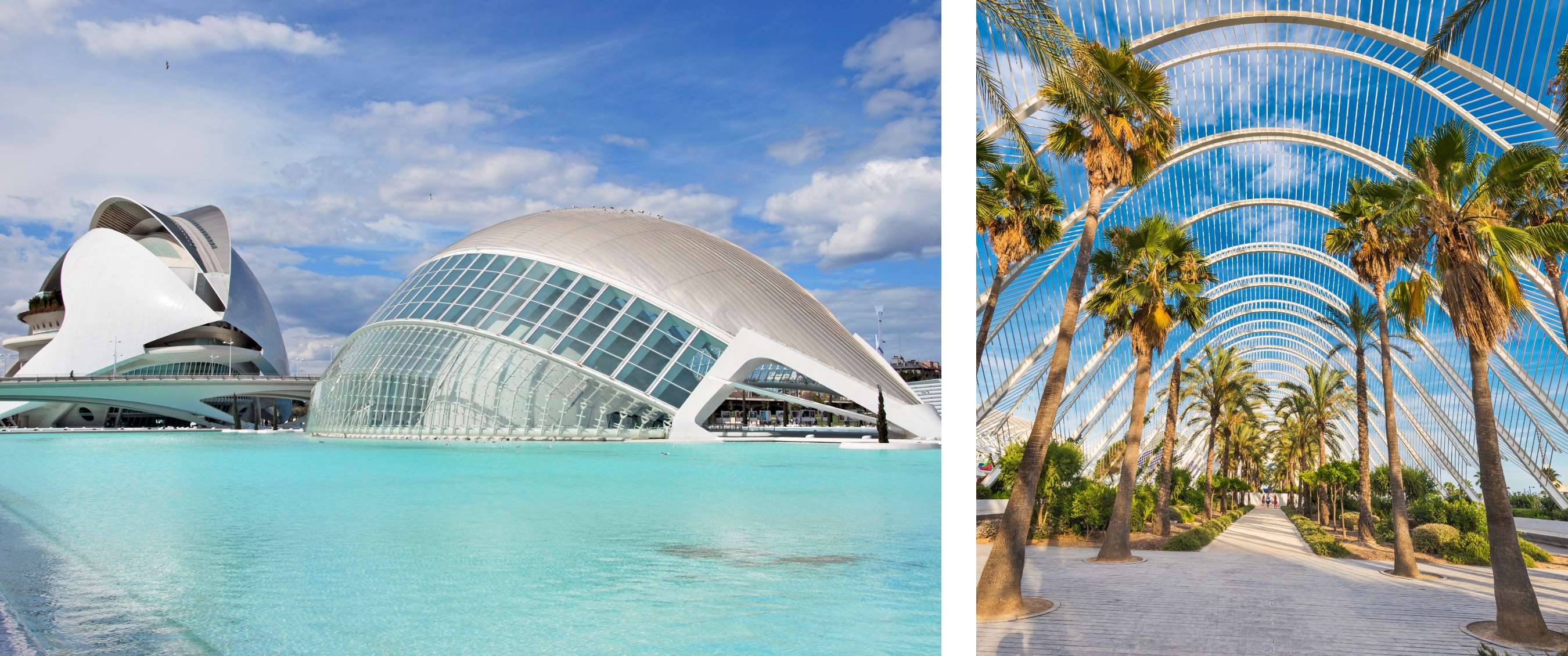 Deux images : bâtiments blancs futuristes au bord d’un bassin turquoise ; allée couverte avec palmiers et structure métallique arquée.