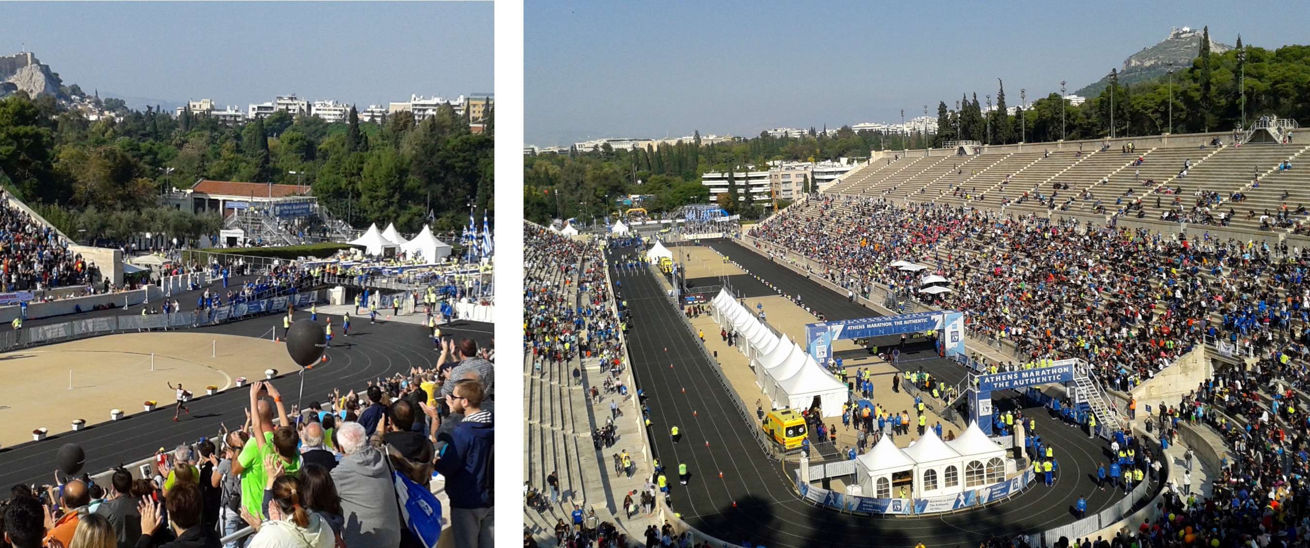 Deux images : arrivée d’un marathon dans un stade avec public ; large vue sur la zone d’arrivée et les tribunes de l’Athens Marathon The Authentic