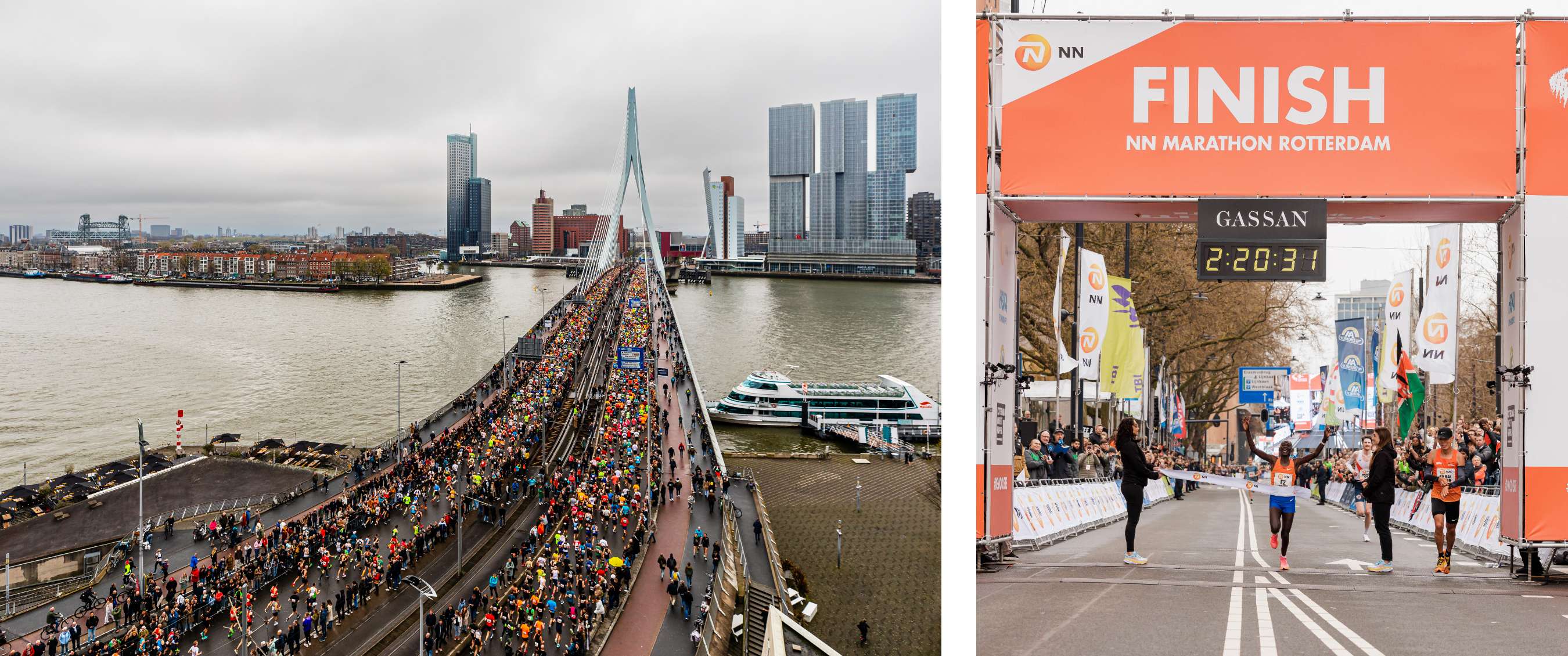 Deux images : foule de marathoniens sur le pont Erasmus à Rotterdam avec la skyline en arrière-plan ; arche d’arrivée avec le texte « FINISH NN Marathon Rotterdam » et des coureurs à l’arrivée