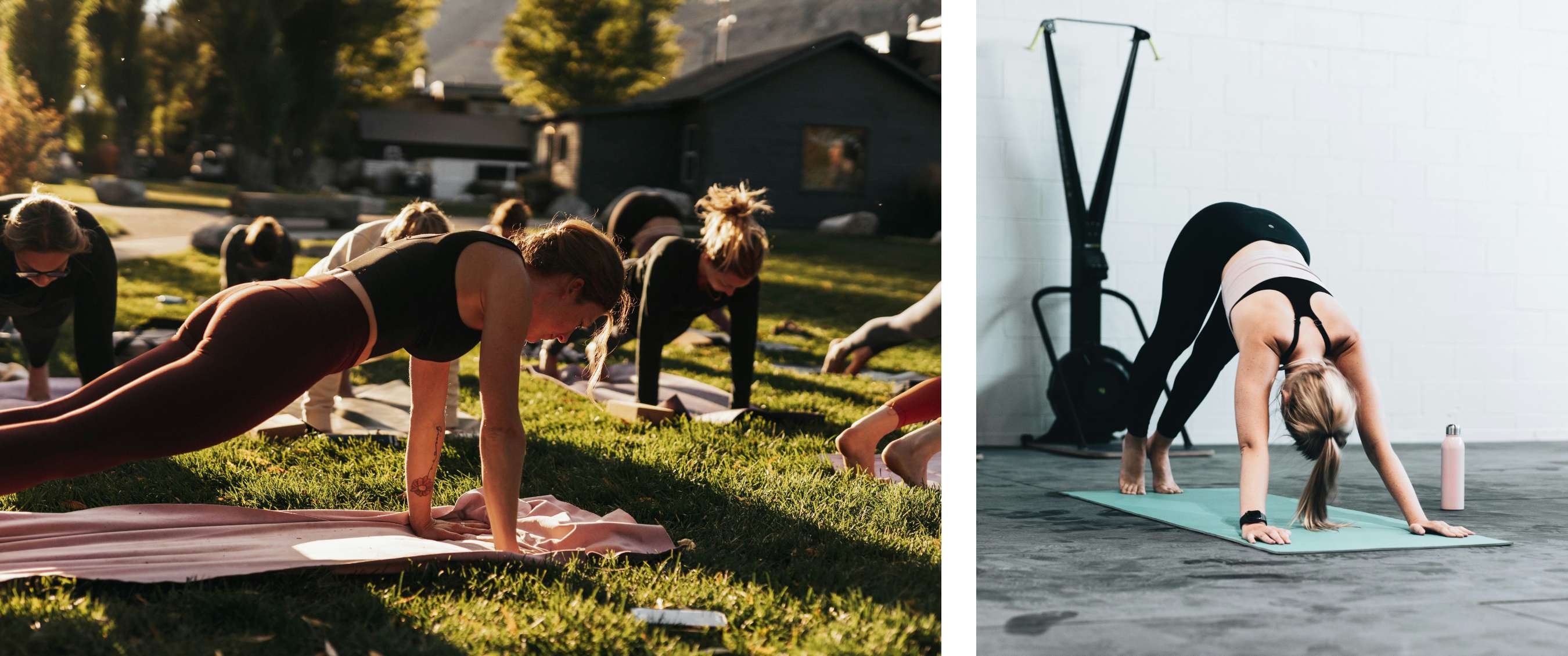 Deux images : cours de yoga en plein air avec des participants en position de planche ; personne en posture d’étirement sur un tapis dans une salle de sport.