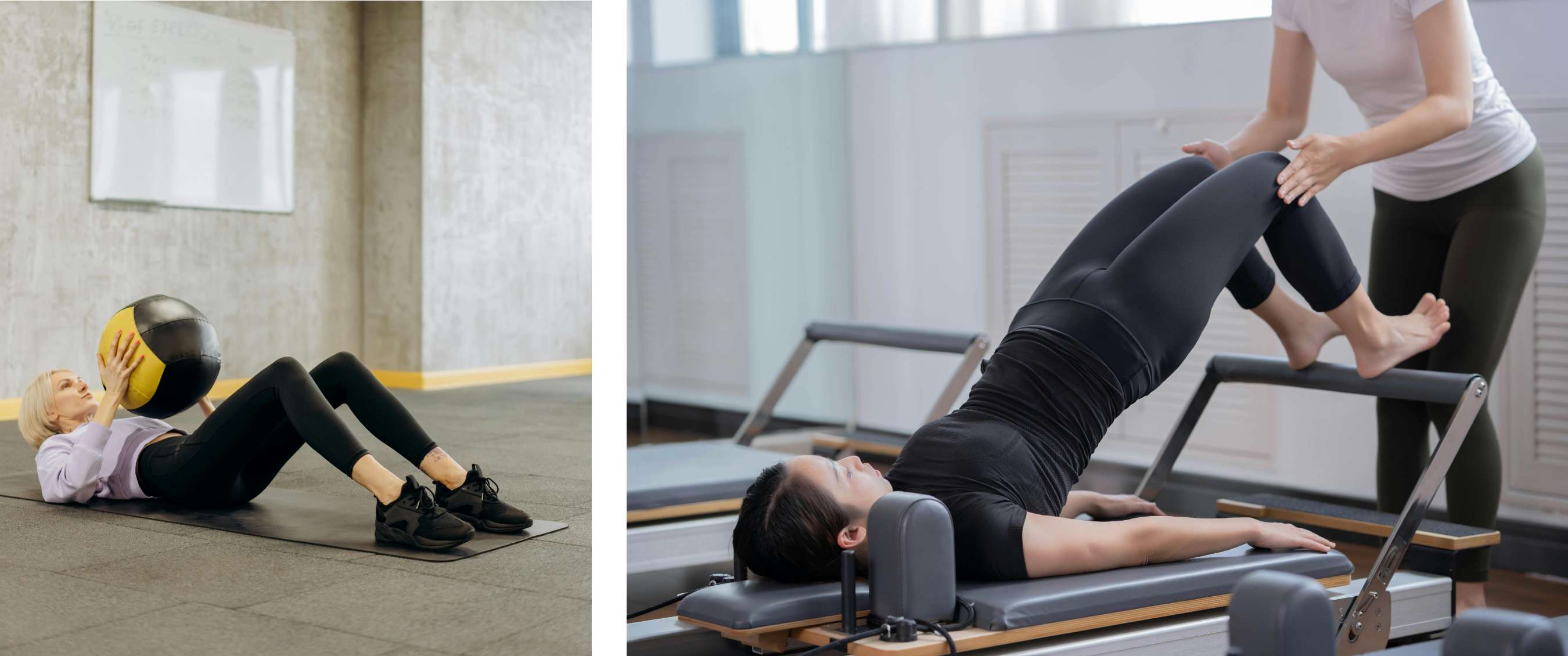 Deux images : sportif allongé sur un tapis travaillant le tronc avec un ballon lesté ; sportif en posture de pont sur un appareil de pilates avec instructeur.