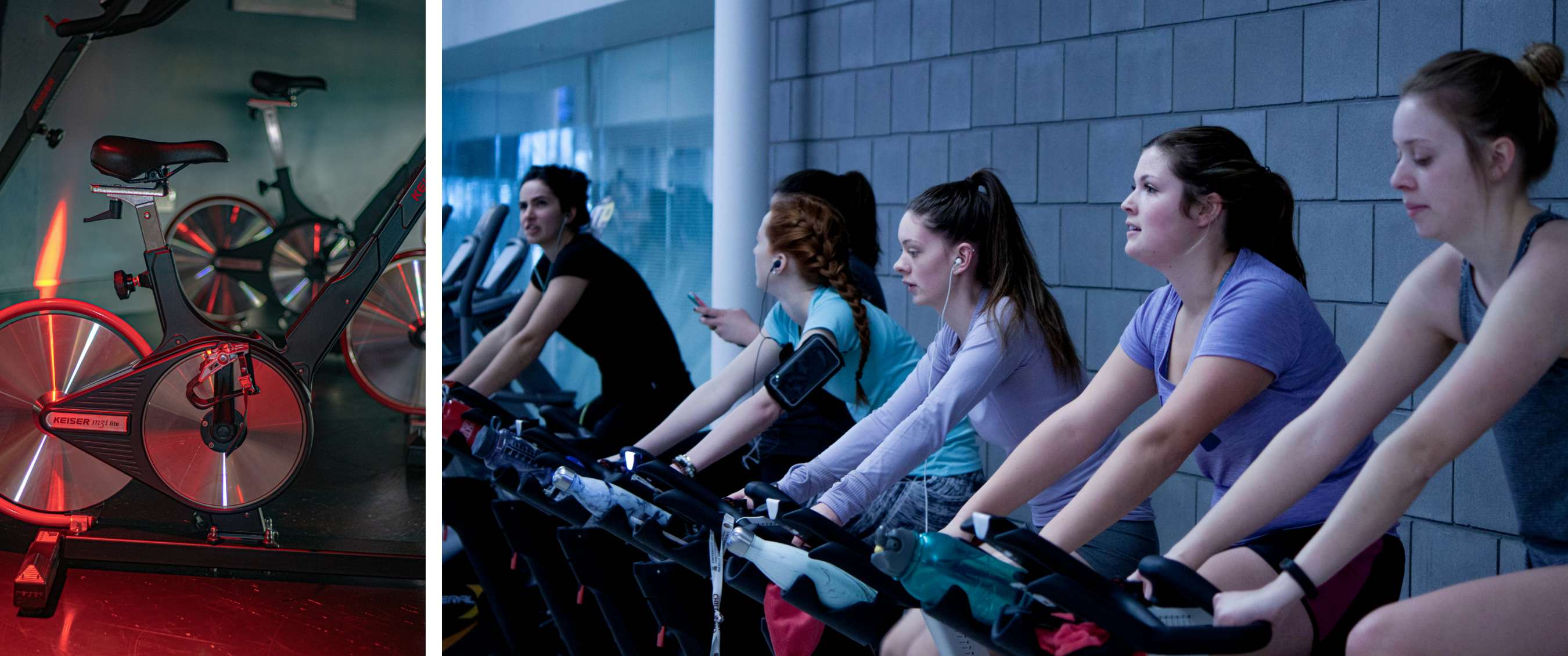 Plusieurs personnes pédalent côte à côte sur des vélos d’intérieur dans une salle de sport.