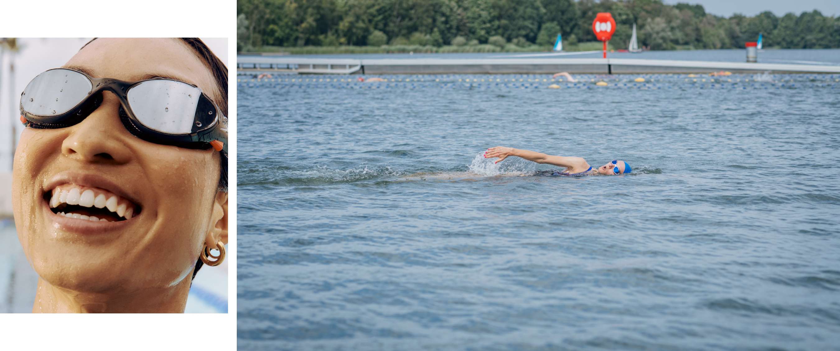 Deux images : gros plan d’une personne avec lunettes de natation et nageuse avec bonnet bleu en eau libre.