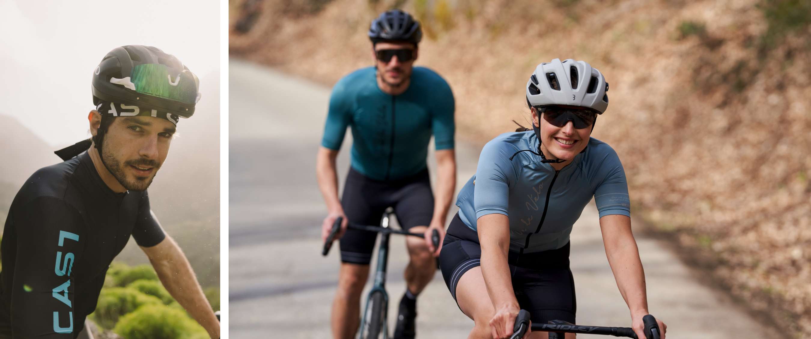 Deux images : cycliste avec casque regardant devant lui ; deux cyclistes roulent côte à côte dans un paysage de montagne