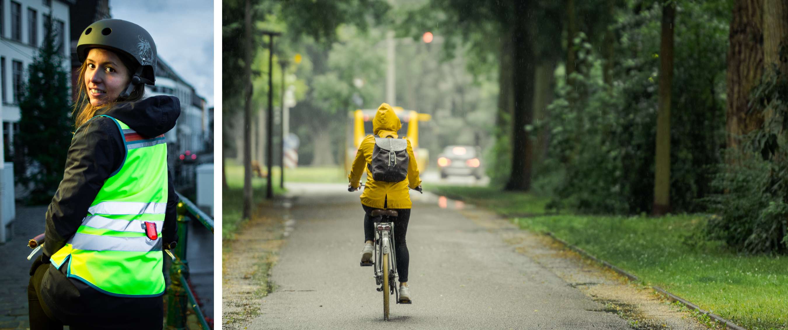Personne à capuche roulant à vélo en veste jaune sur une chaussée mouillée entre les arbres.