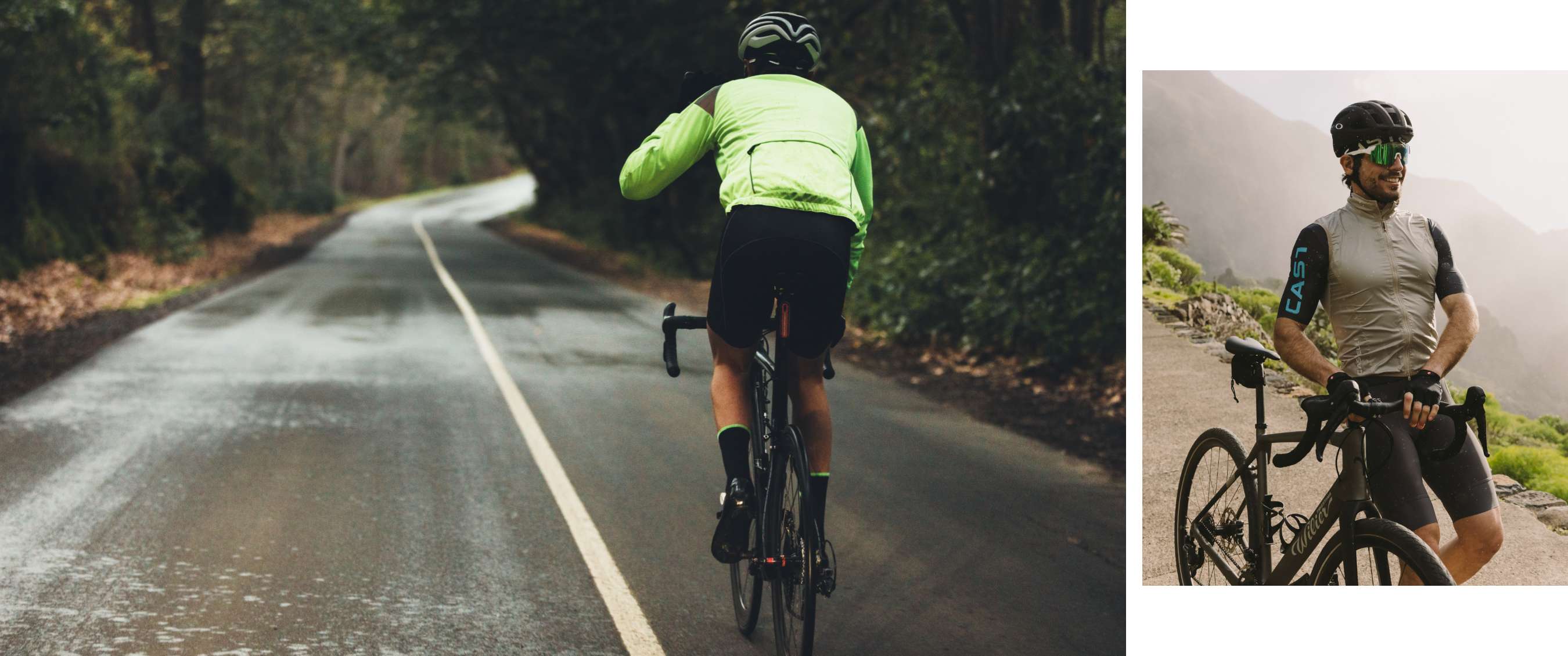 Cycliste en veste verte fluorescente roulant sur une route sombre et humide dans un environnement boisé.