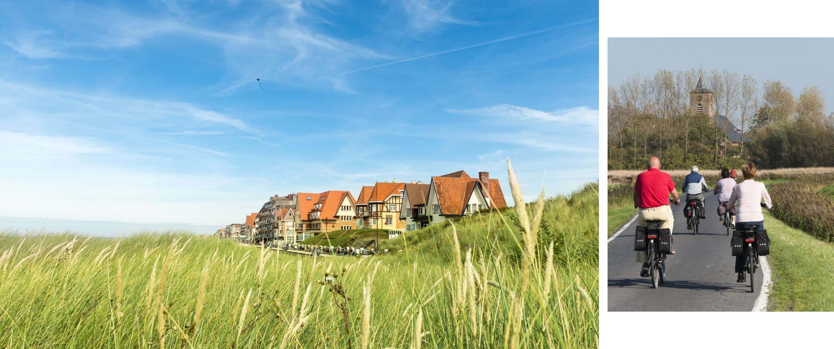 Deux images : maisons derrière les dunes et cyclistes vers un clocher.