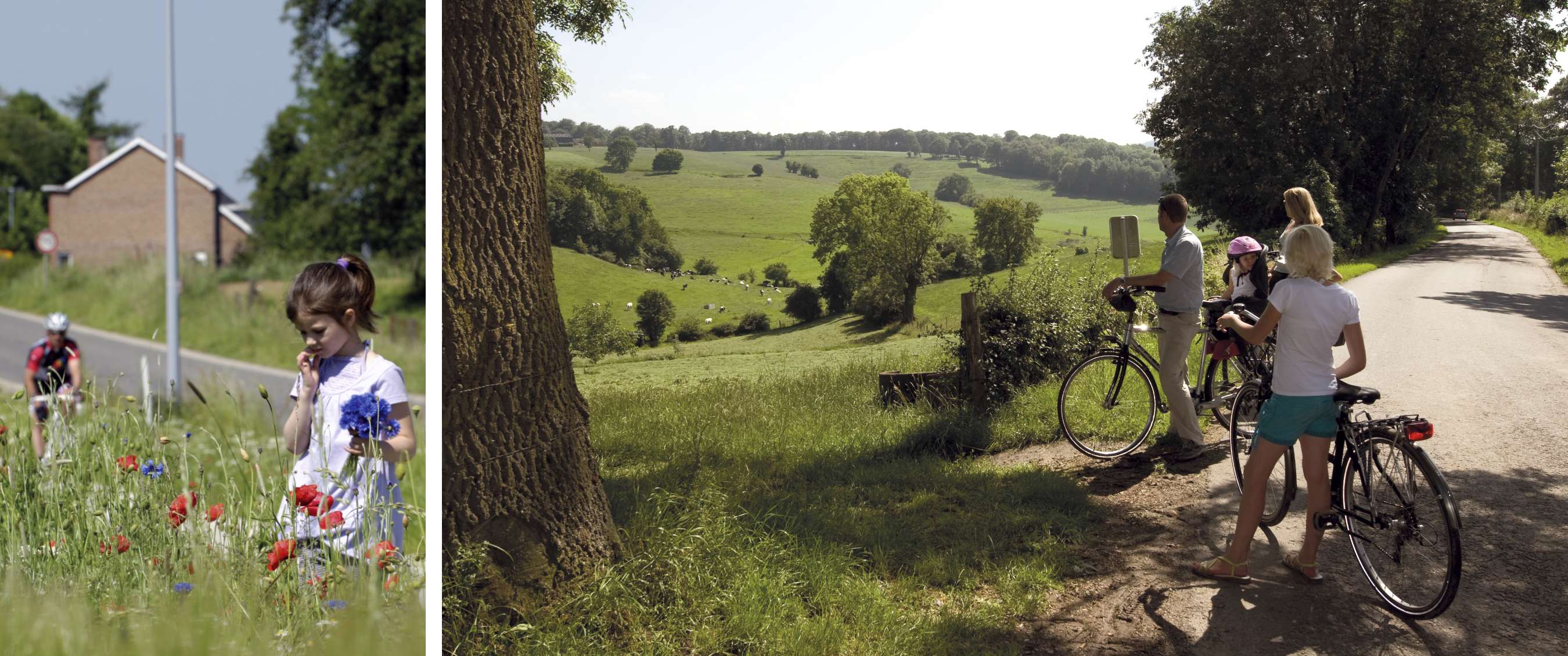 Deux images : enfant parmi des fleurs des champs et cyclistes face au paysage vert.