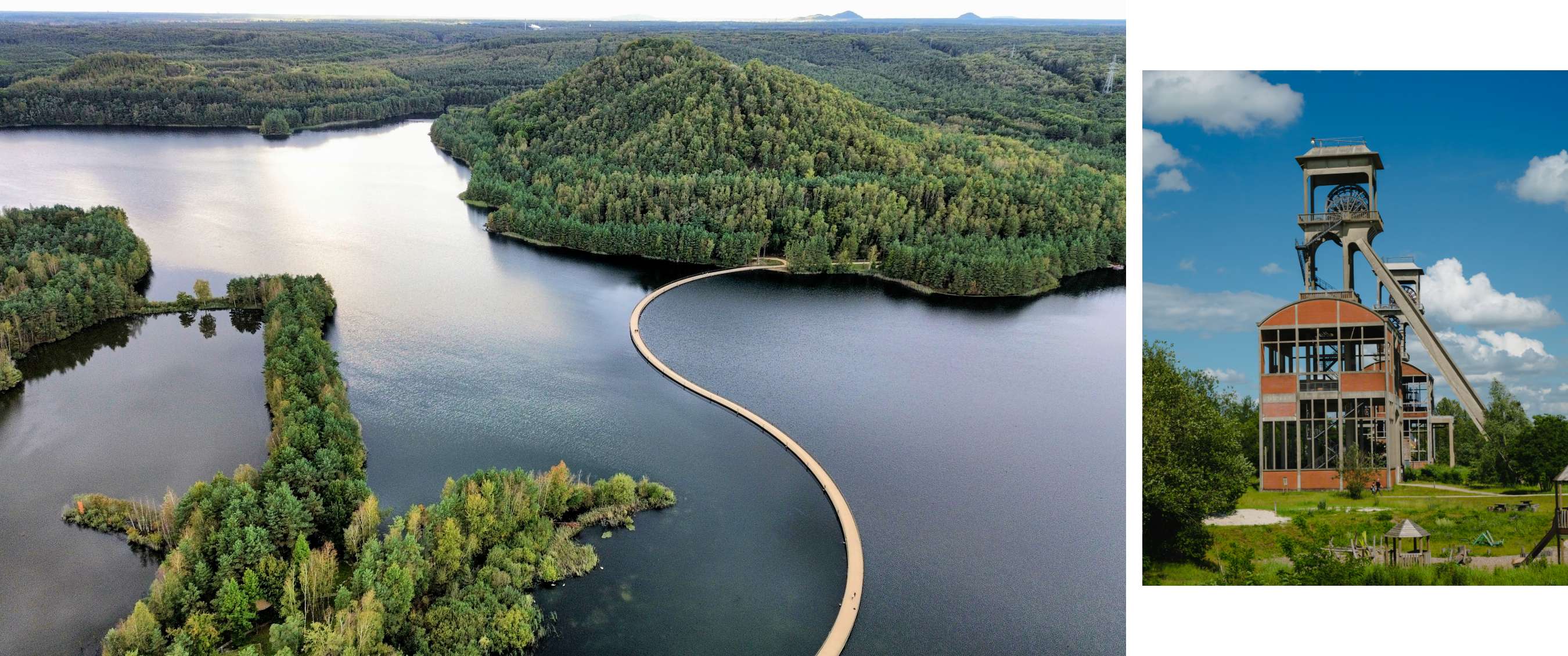 Deux images : vue aérienne d’un lac avec pont courbe et bâtiment industriel vert.
