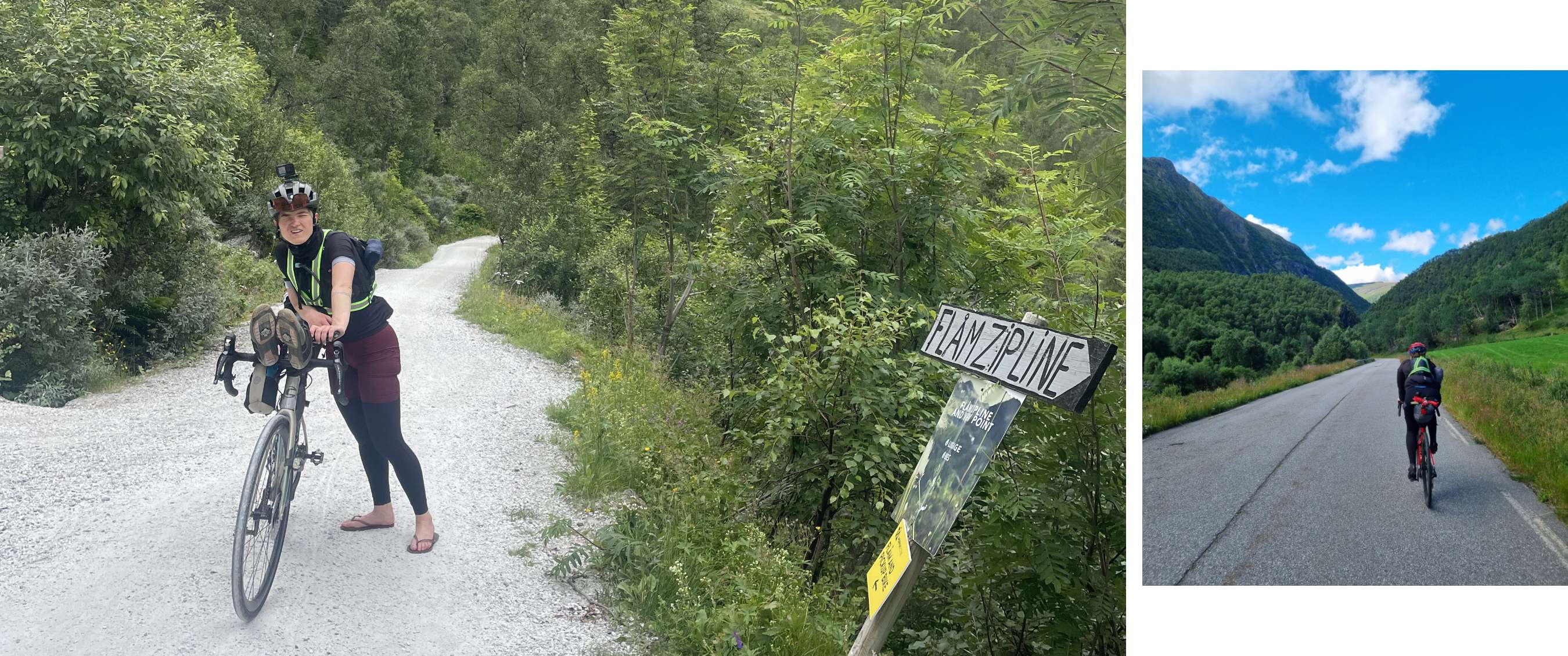 Une cycliste tient son vélo sur un chemin de gravier près d'un panneau indiquant Flåm Zipline.