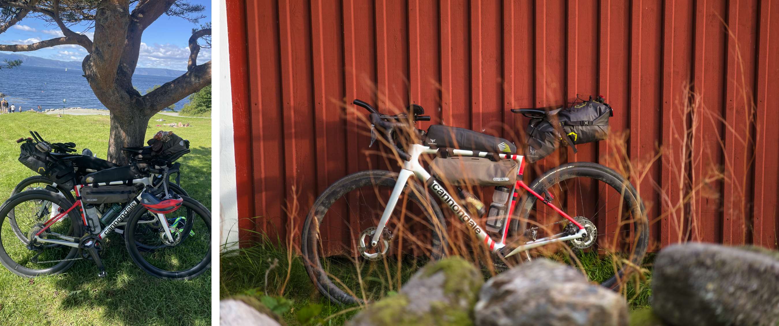 Un vélo Cannondale chargé est appuyé contre un bâtiment rouge, avec herbes et rochers au premier plan.