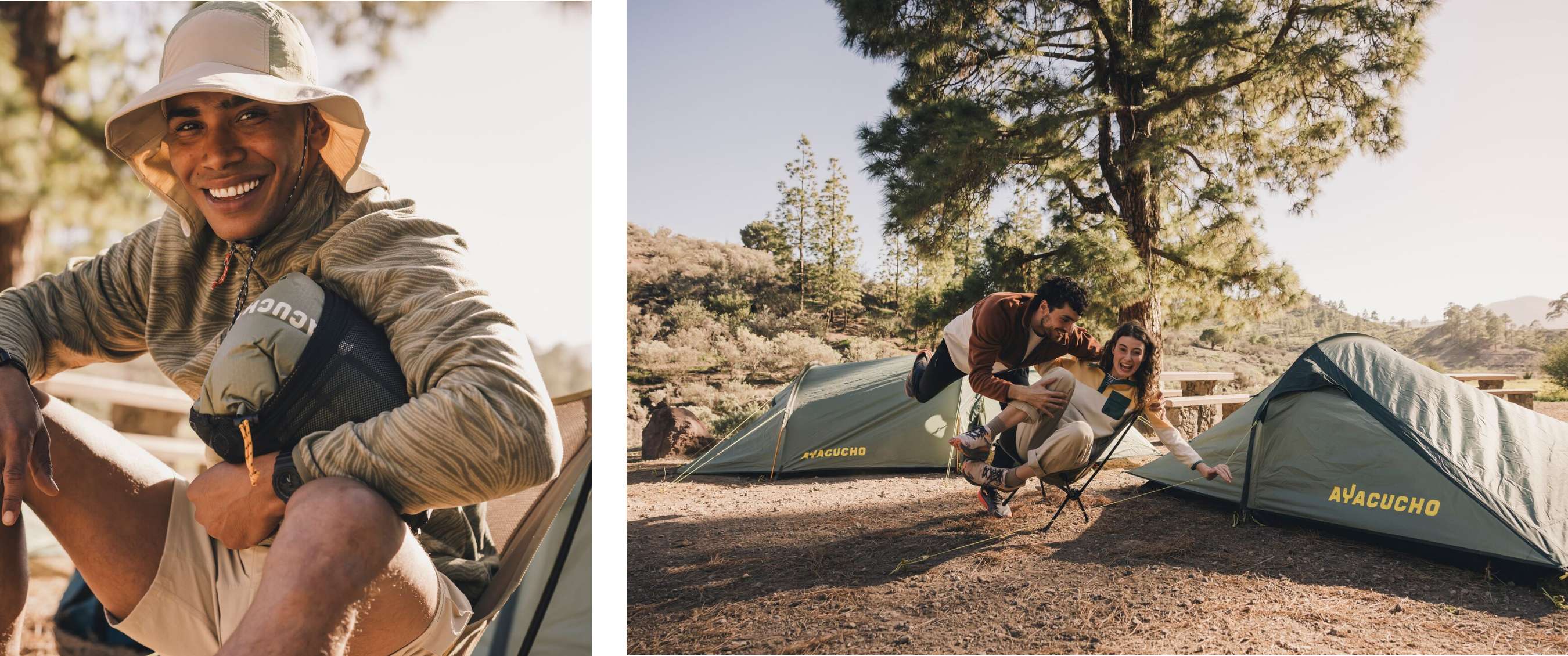 Deux images : campeur souriant avec un sac de couchage roulé ; deux campeurs rient entre des tentes sur un camping ensoleillé.