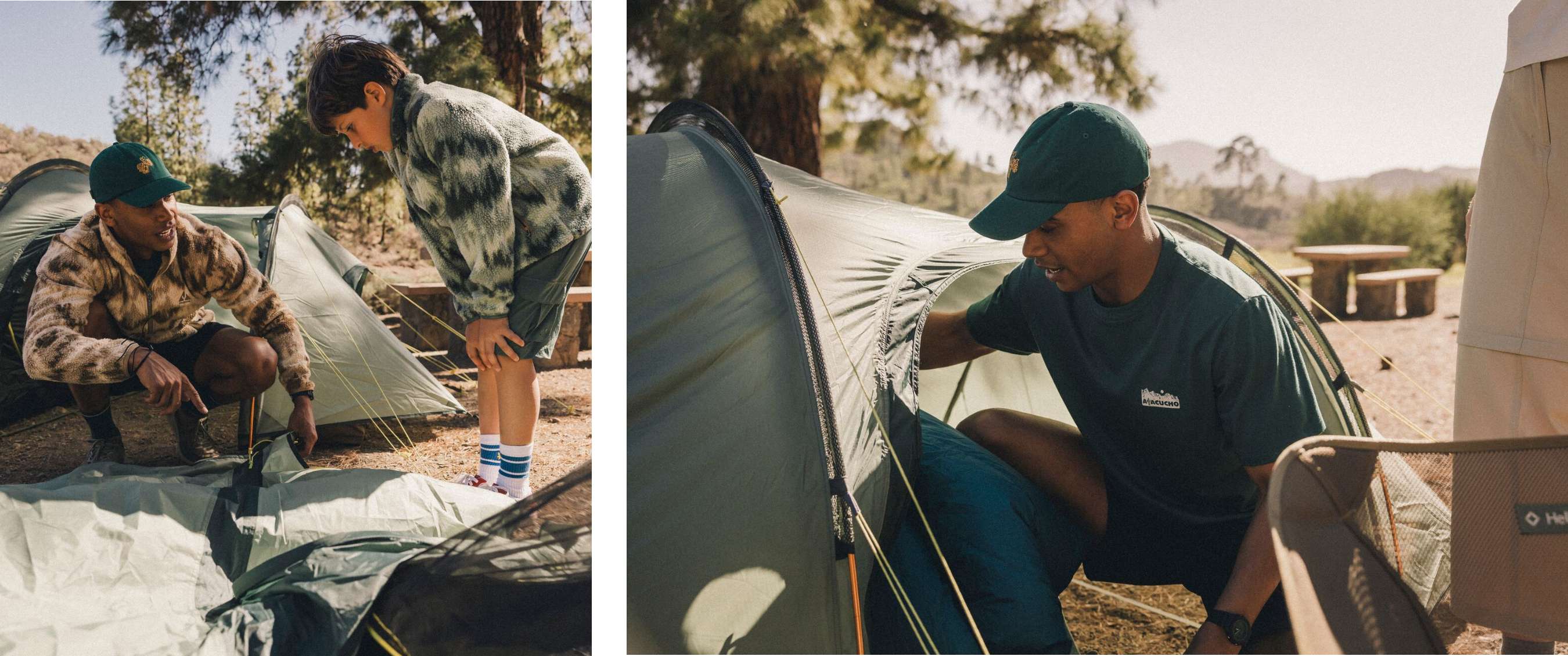 Deux images : homme et enfant installent une tente ; campeur préparant une tente avec un sac de couchage à l’intérieur.