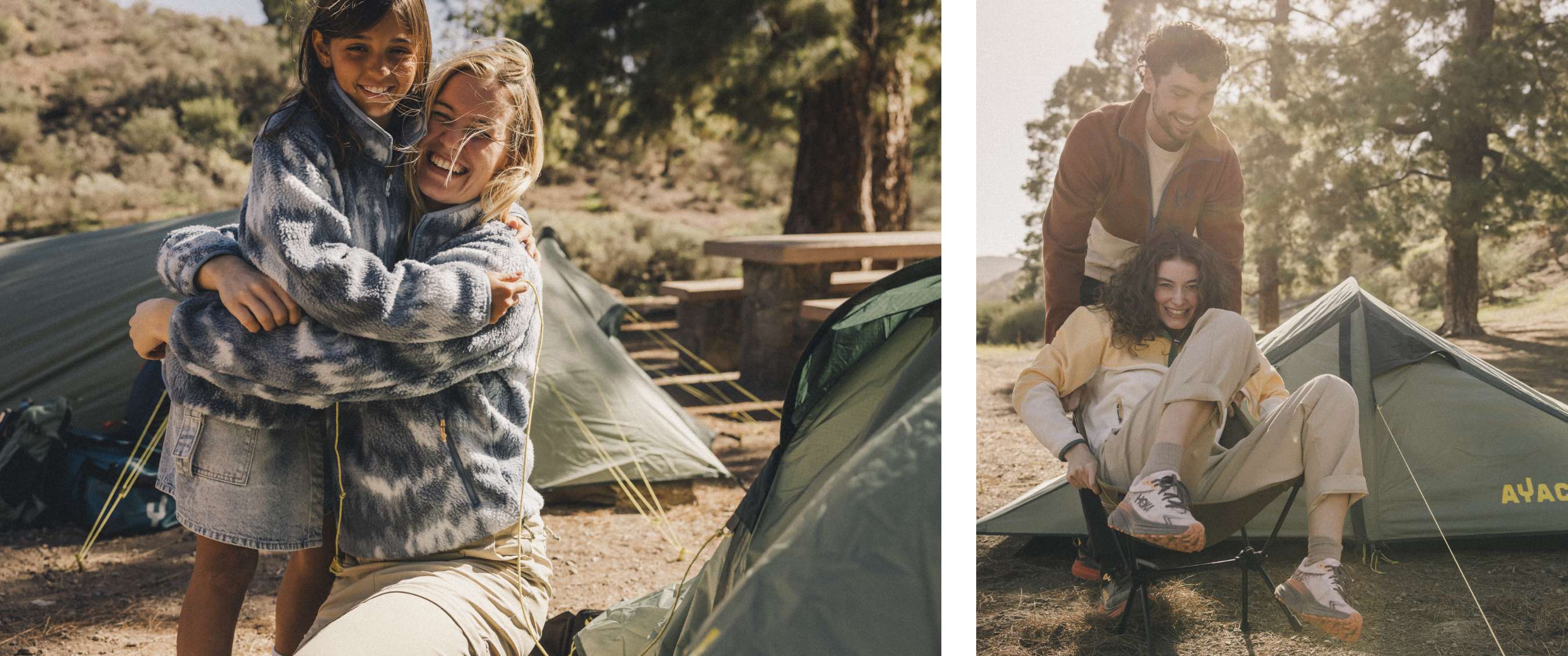 Deux images : femme serrant un enfant dans ses bras sur un camping ; deux personnes assises en riant dans une chaise de camping près d’une tente