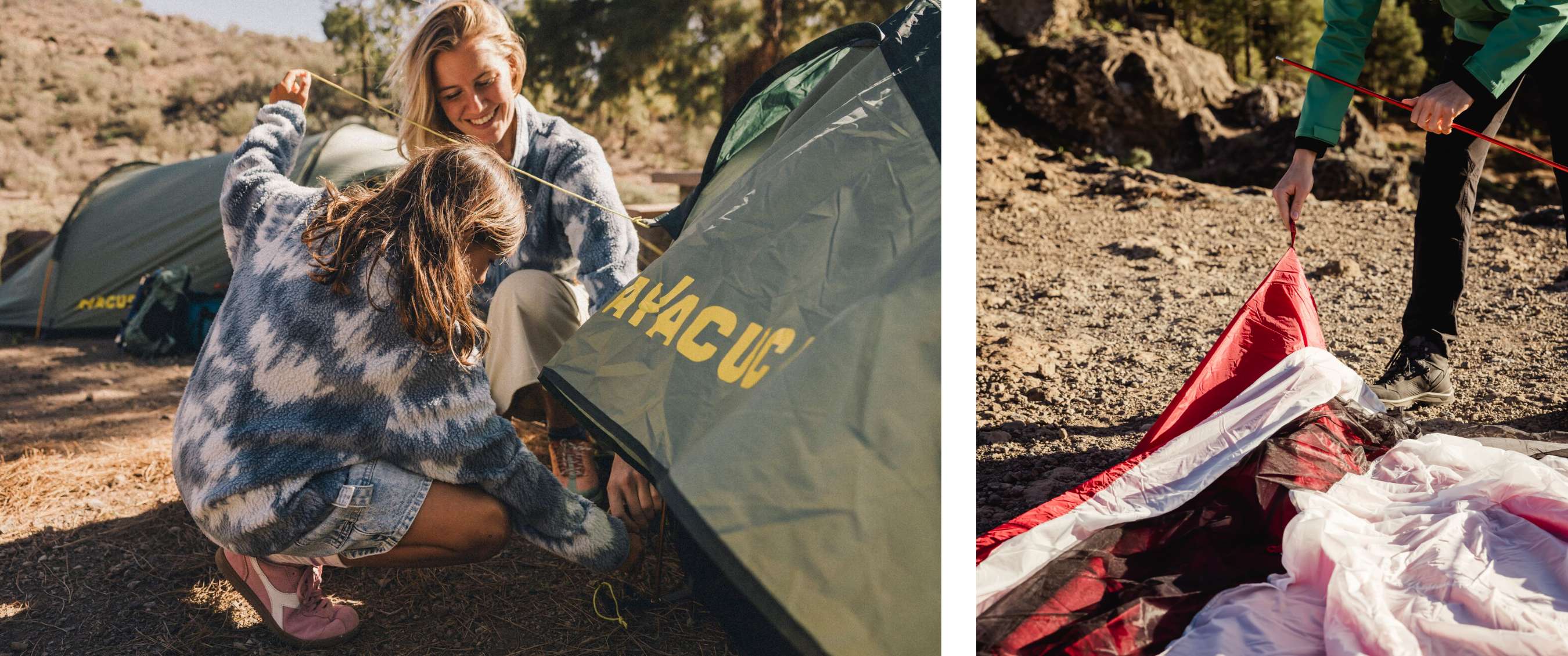 Deux images : femme et enfant montent une tente sur un camping ; main plaçant un arceau dans une tente rouge