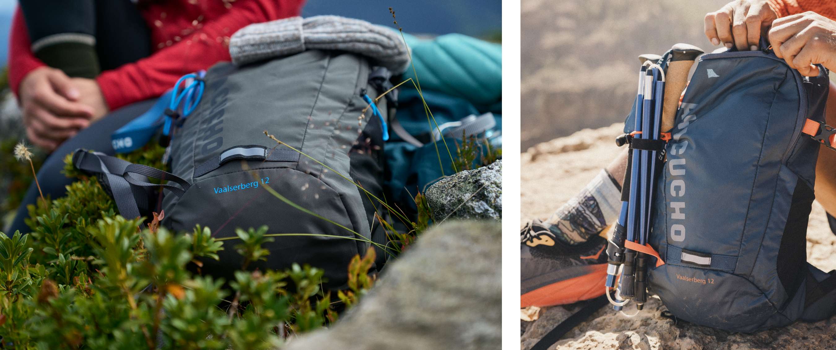 Deux images : sac à dos gris posé entre des rochers et des plantes ; main ouvrant un sac à dos bleu avec des bâtons de marche fixés.