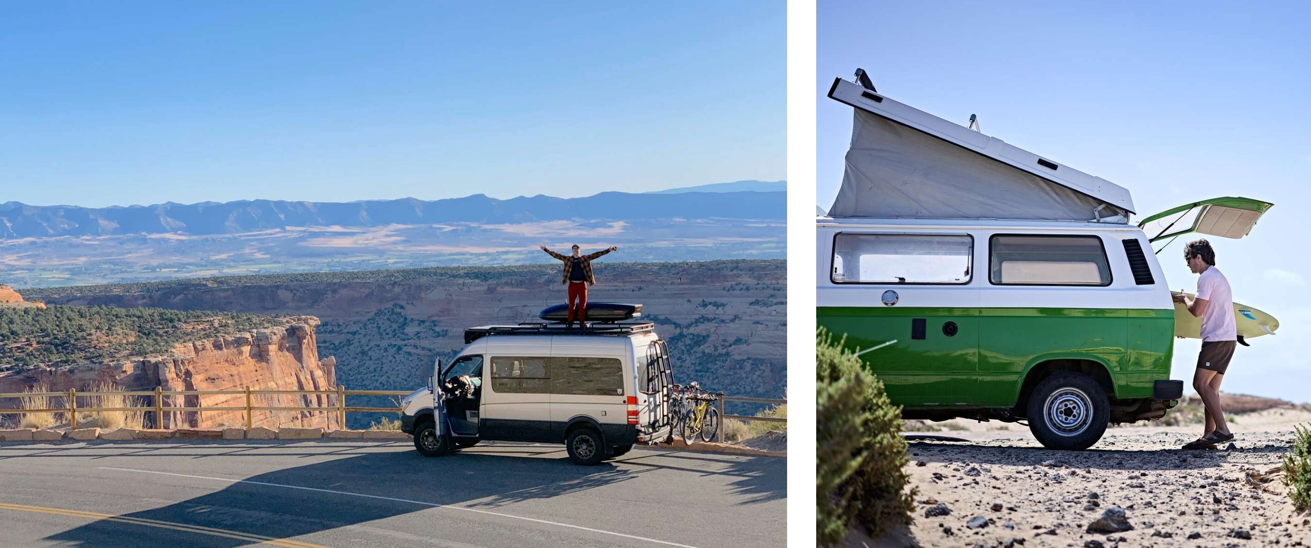 Deux images : personne debout sur un camping-car près d’un canyon ; caravane roulant sur une route de montagne dans un paysage sec.