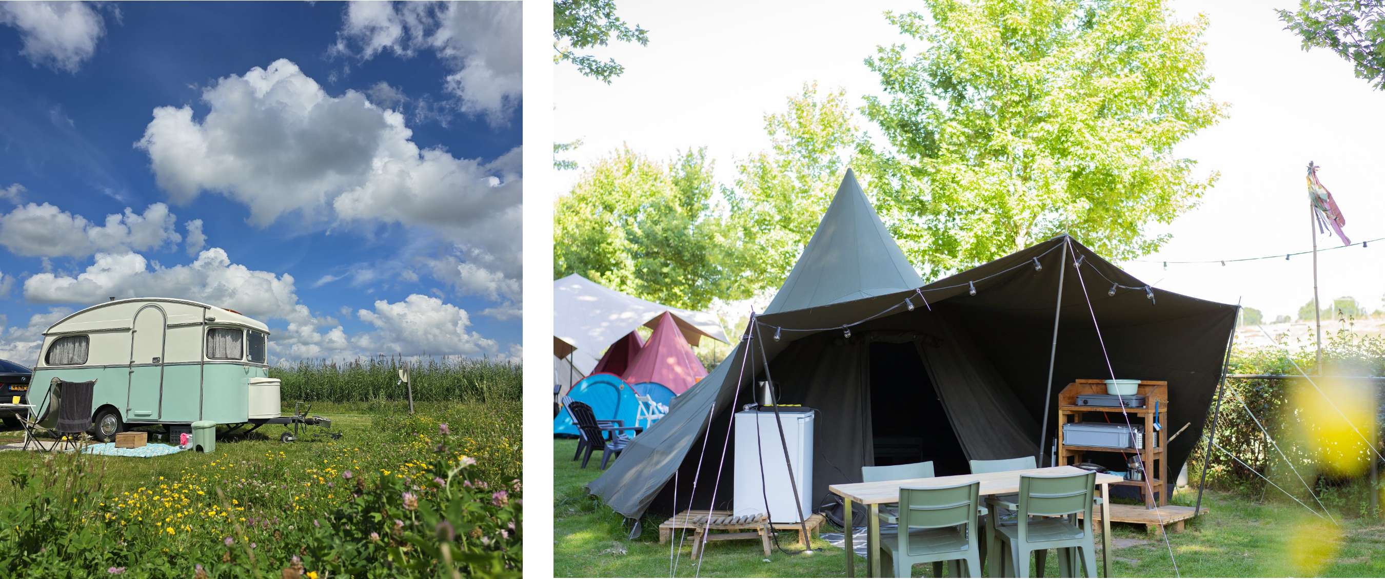 Deux images : caravane vintage sur un camping sous un ciel nuageux ; tente glamping avec mobilier extérieur.