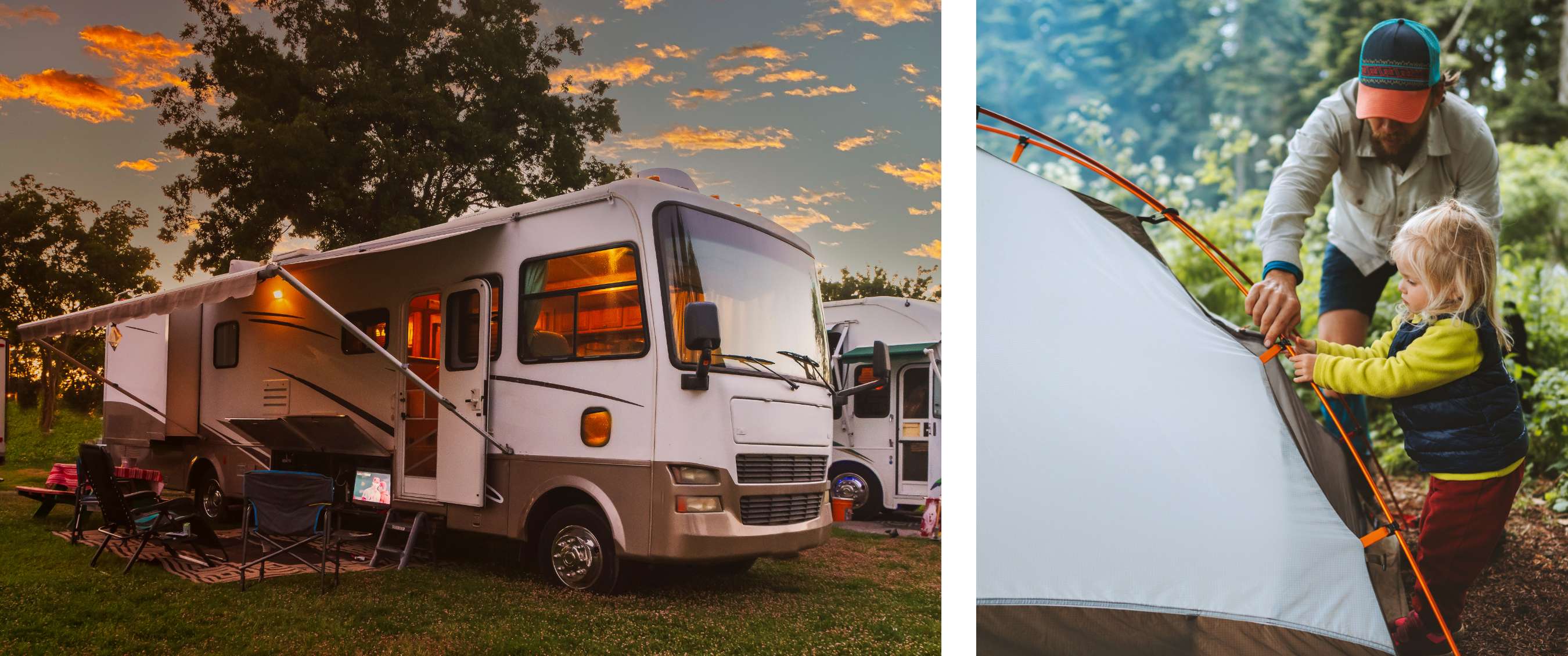 Deux images : camping-car sur un camping au coucher du soleil ; adulte aidant un enfant avec une tente.
