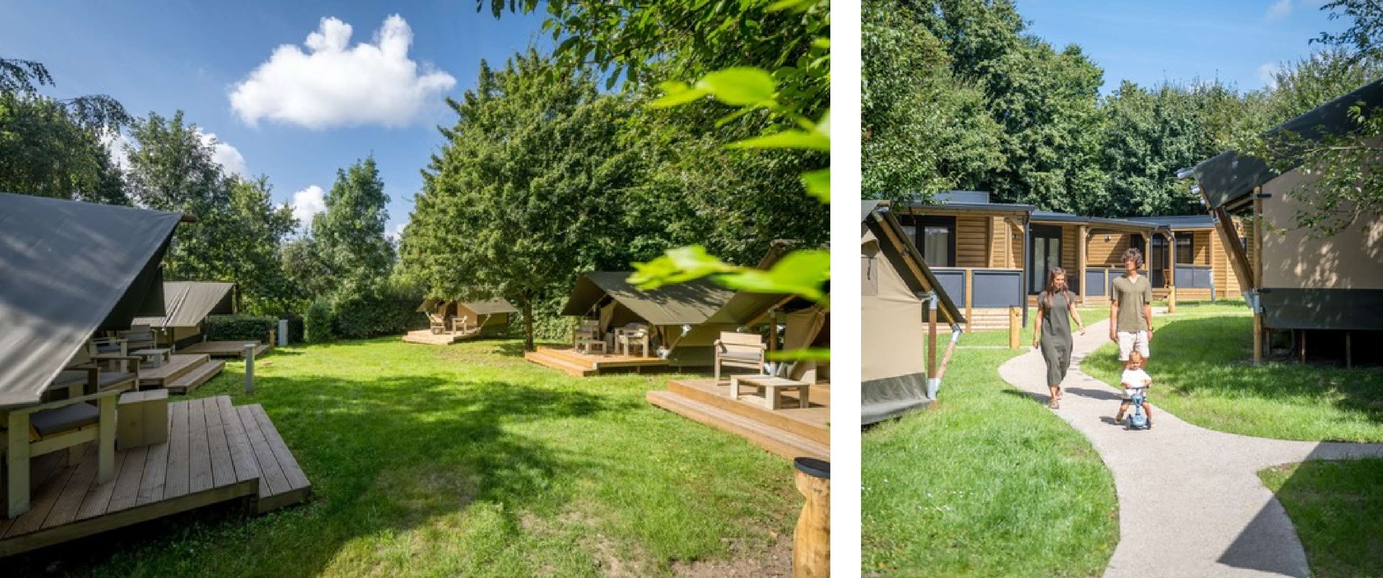 Deux images : grand camping avec terrasses en bois et tentes safari ; parents promenant leur enfant sur une allée.