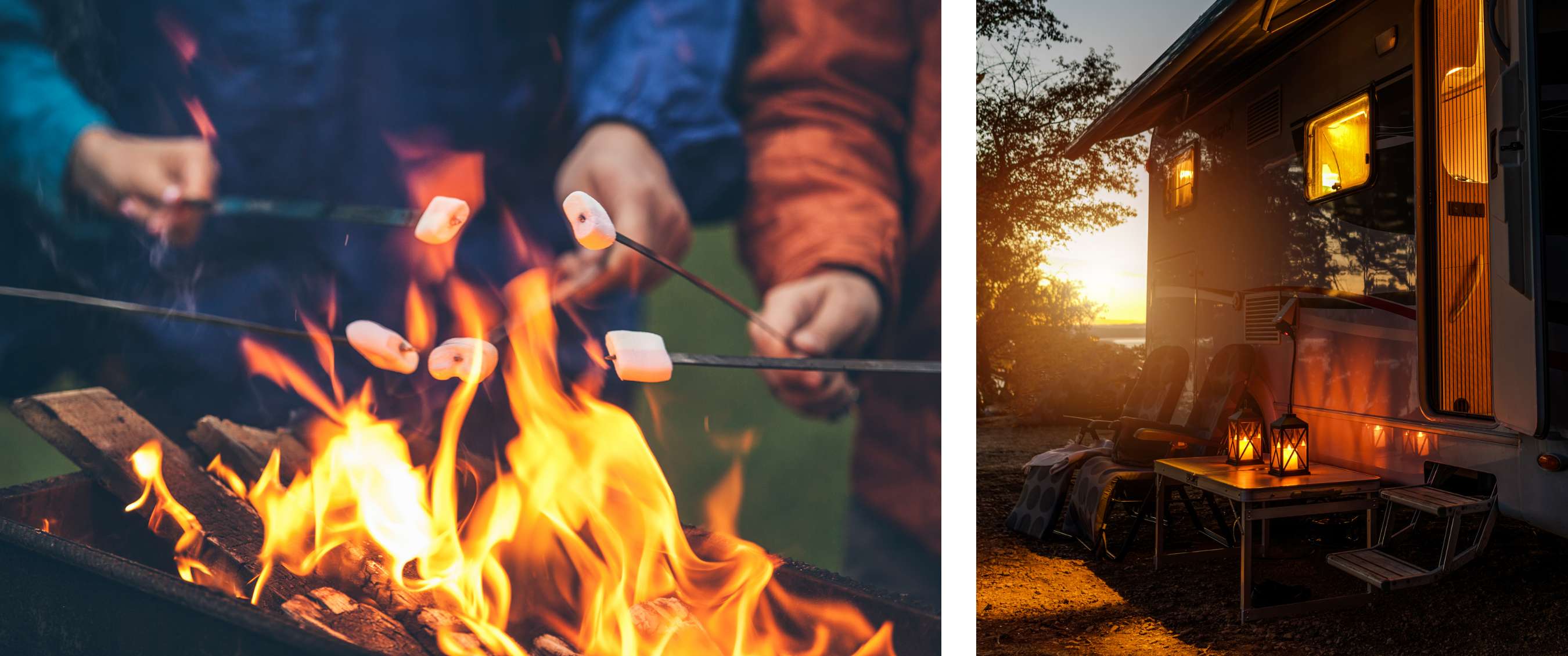 Deux images : marshmallows grillés au-dessus d’un feu de camp ; camping-car avec chaises et lanternes au coucher du soleil.