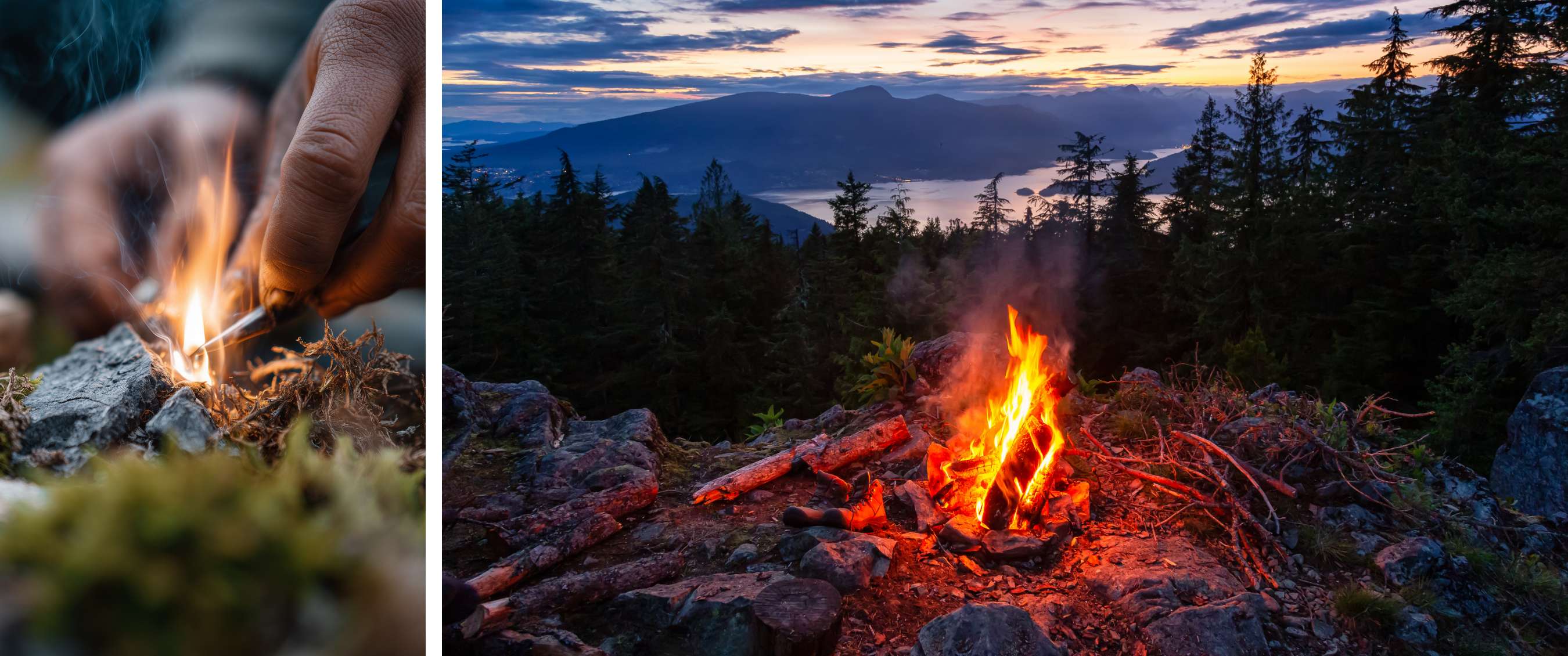 Feu de camp allumé en hauteur avec arbres, eau et montagnes à l’arrière-plan.