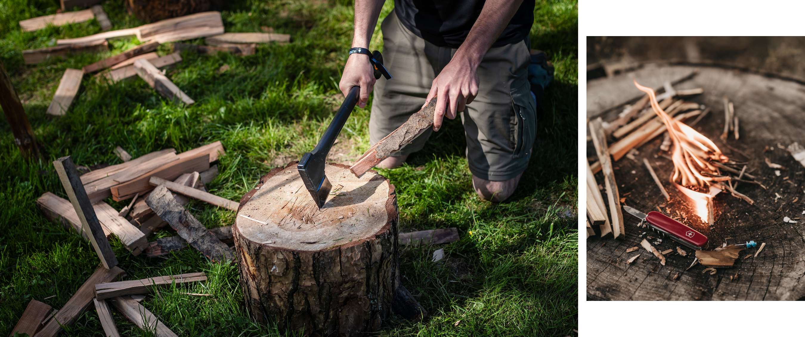 Gros plan sur du petit bois en feu avec un couteau de poche rouge Victorinox au premier plan.