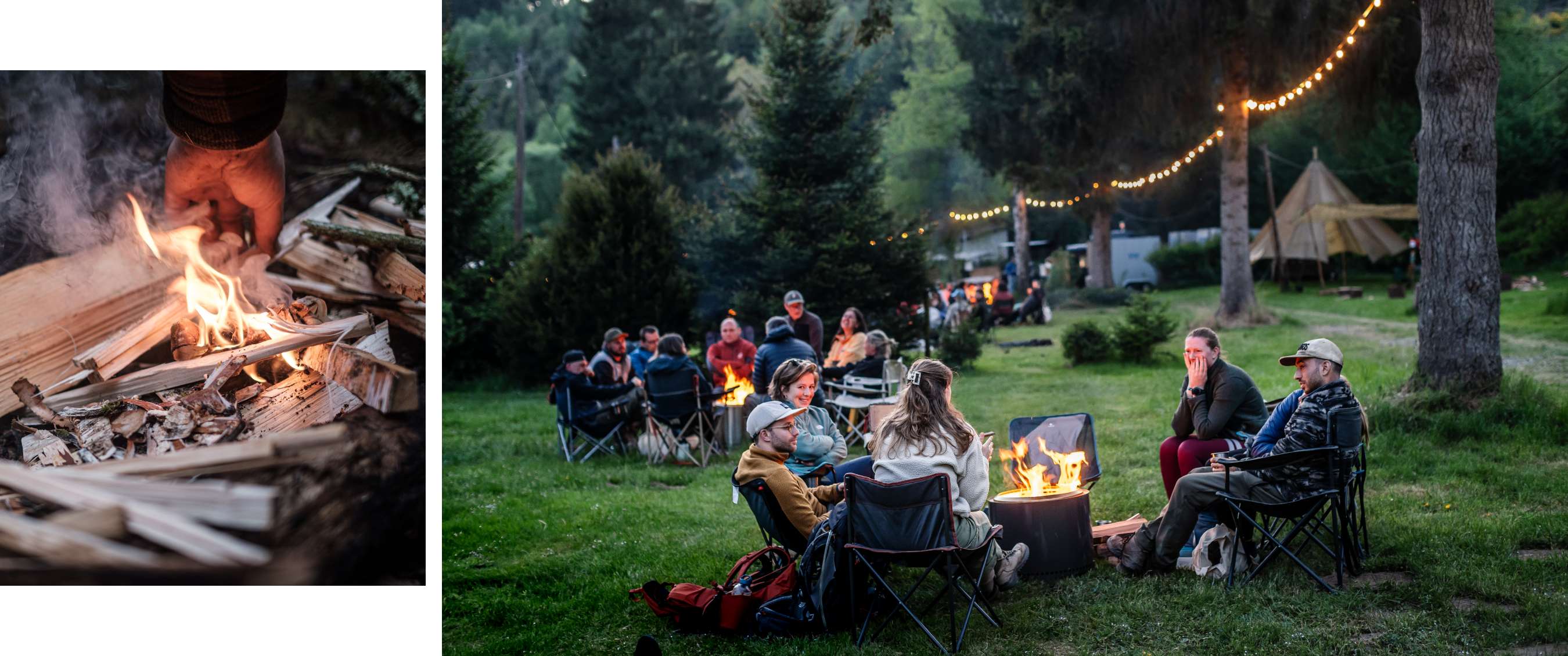 Plusieurs personnes se réunissent autour de feux avec arbres, tentes et guirlandes à l’arrière-plan.