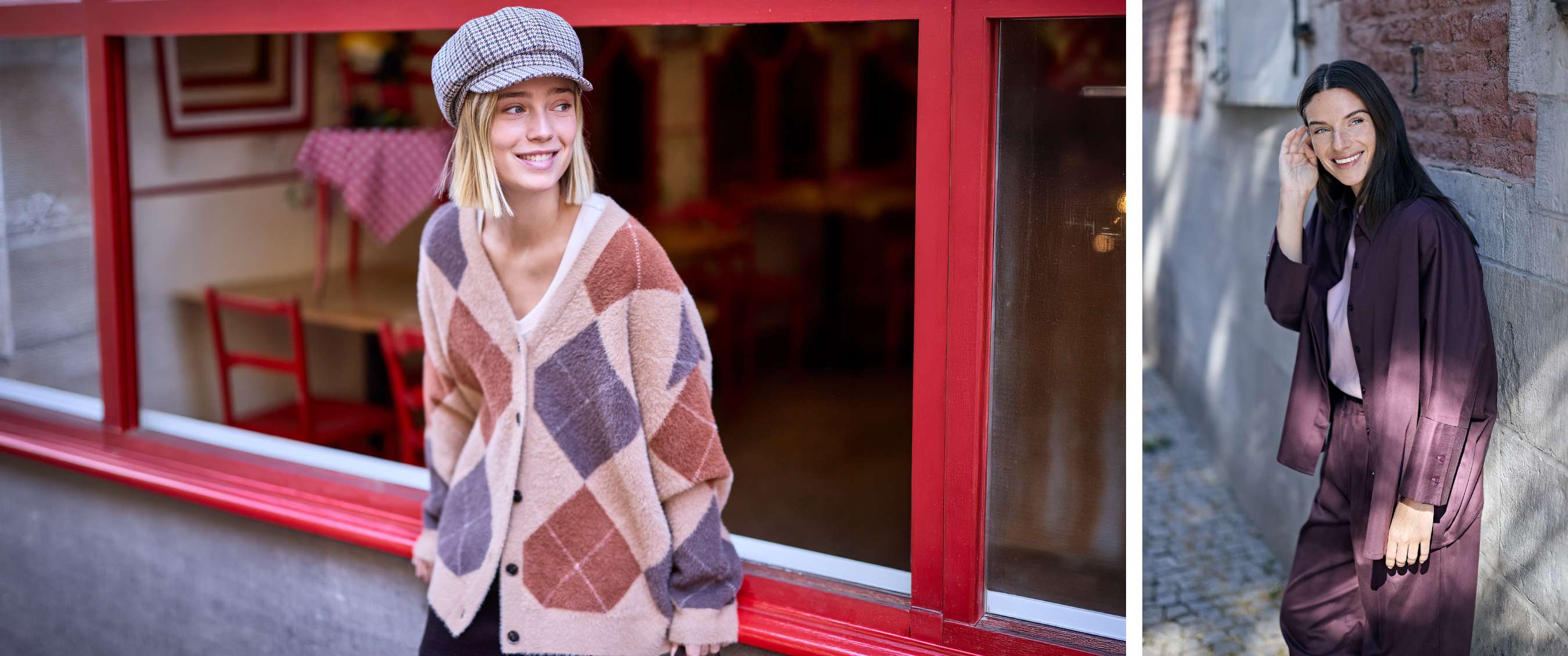 Une personne porte une casquette à carreaux et un cardigan doux aux tons beige, brun et gris.
