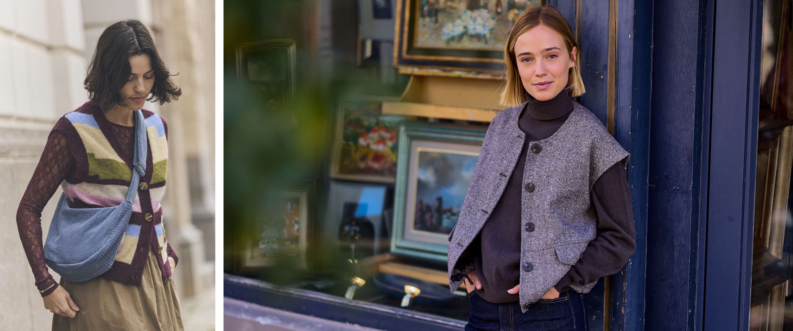 Une femme porte un gilet gris sans manches sur un pull à col roulé foncé près d'une vitrine.