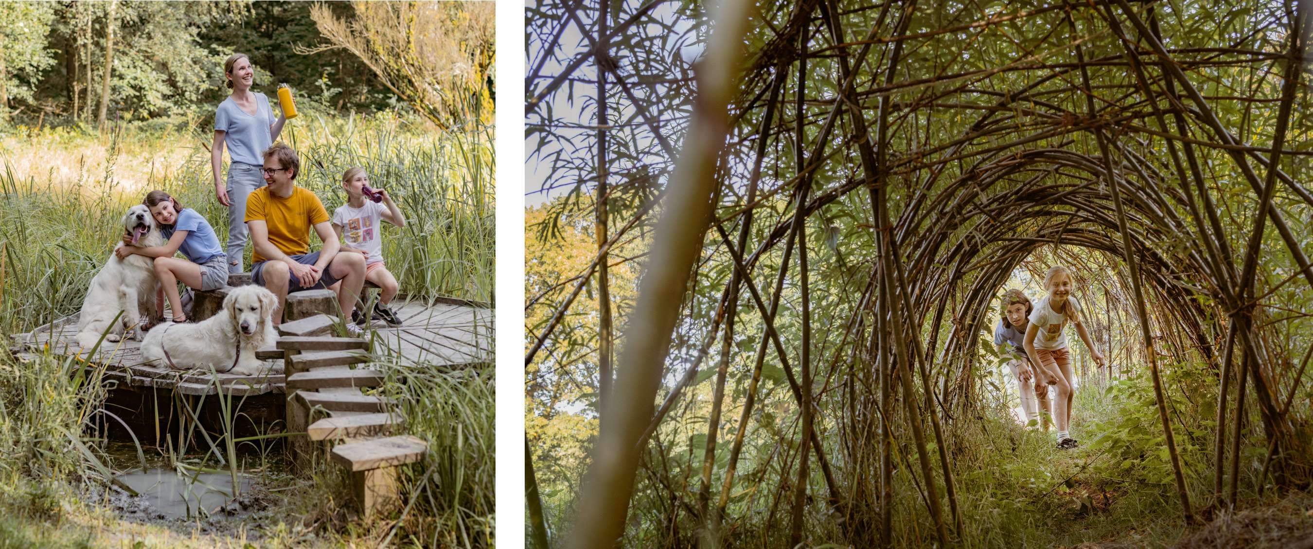 Deux images : des adultes et des enfants se reposent près d’un petit pont en bois avec des chiens ; des enfants traversent un passage boisé couvert.