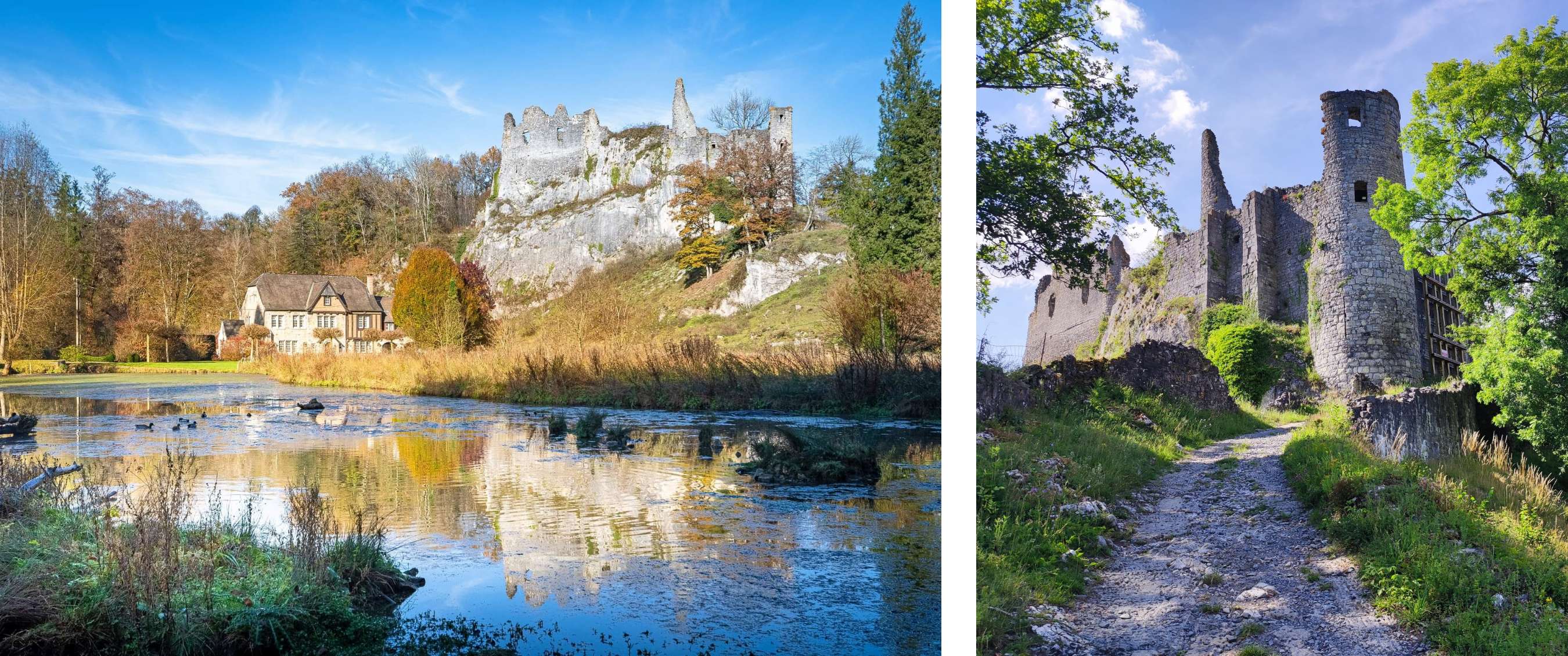 Deux images : ruines de château sur un rocher au-dessus d’un étang entouré d’arbres ; sentier montant le long d’un mur de château en pierre.