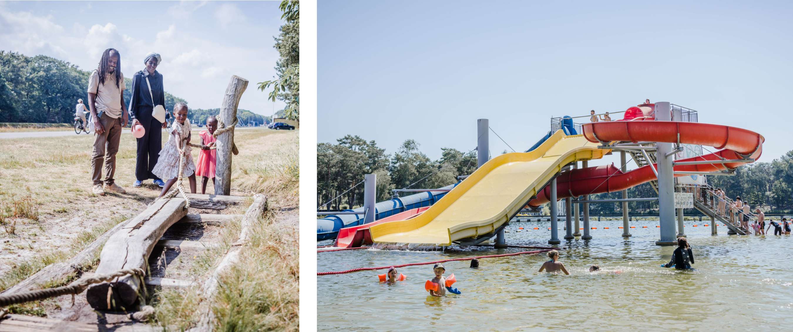 Deux images : enfants et adultes autour d’un jeu naturel en bois et cordes ; zone de baignade avec grands toboggans aquatiques et enfants qui jouent.