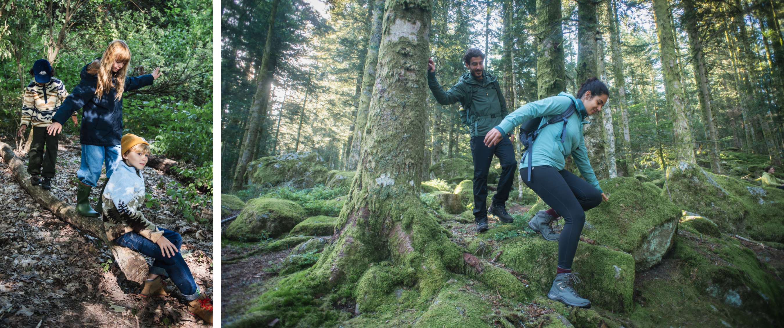 Deux images : trois enfants marchent en forêt ; deux adultes avancent parmi des pierres couvertes de mousse.