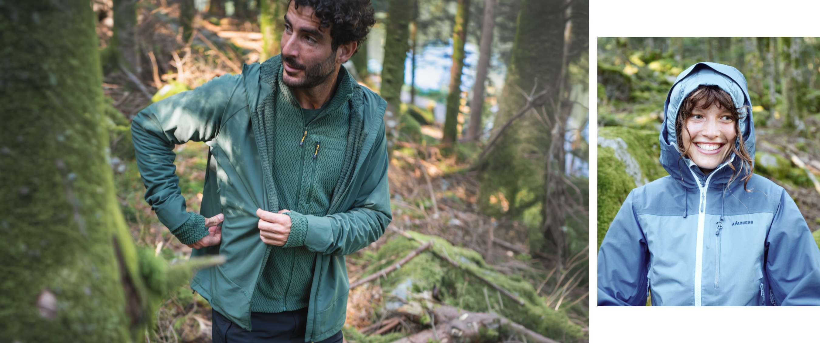 Une personne associe une veste extérieure verte à une polaire texturée dans un cadre boisé.