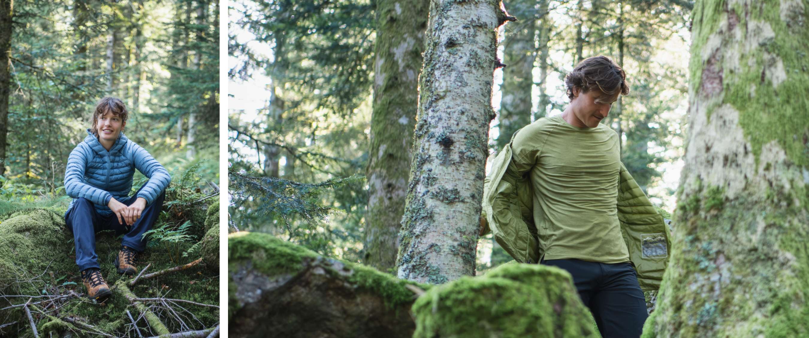 Une personne porte plusieurs couches vertes parmi des arbres et des rochers couverts de mousse.