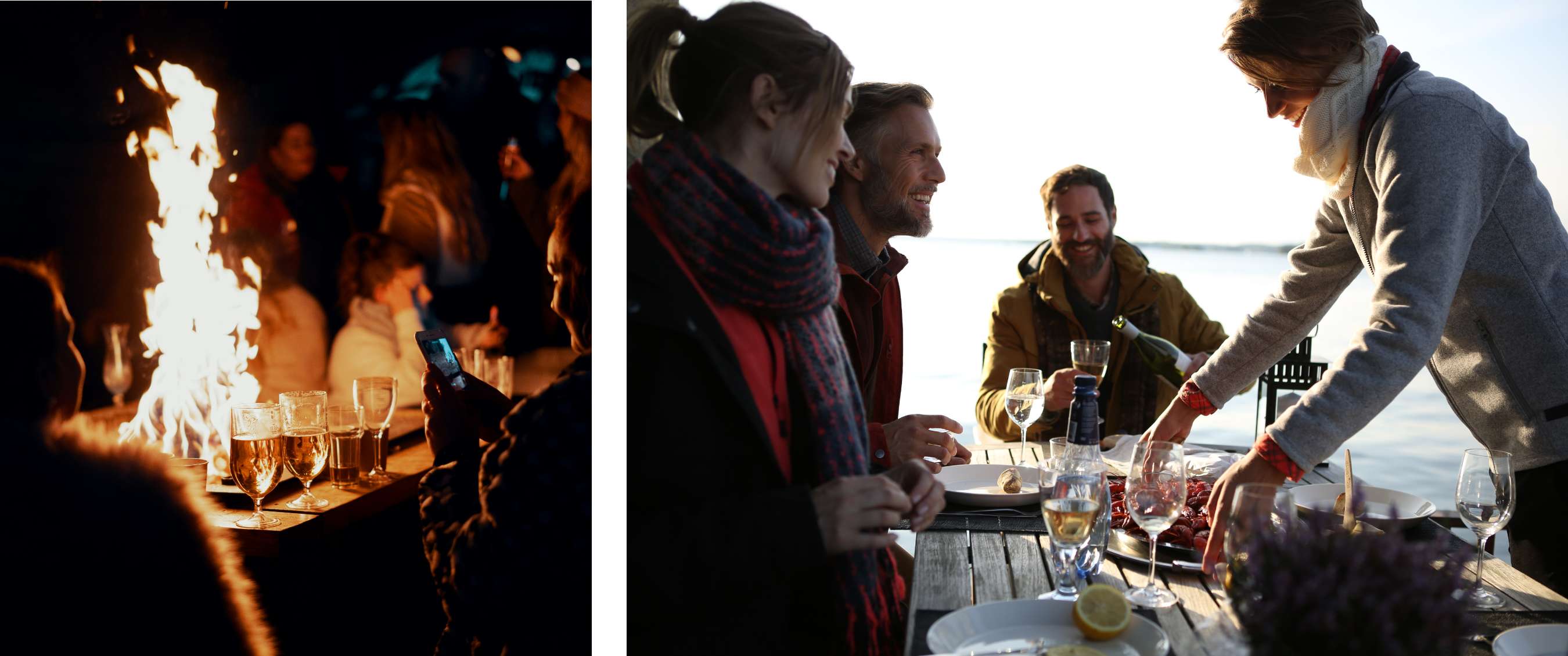 Deux images : Rassemblement nocturne autour d’un feu avec des boissons ; personnes partageant un repas à une table extérieure près de l’eau.
