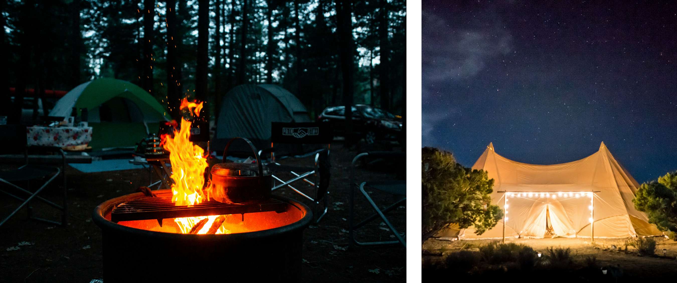 Deux images : Feu de camp avec marmite et chaises de camping entre des tentes dans une forêt au crépuscule ; tente éclairée sous un ciel étoilé dans un environnement naturel.