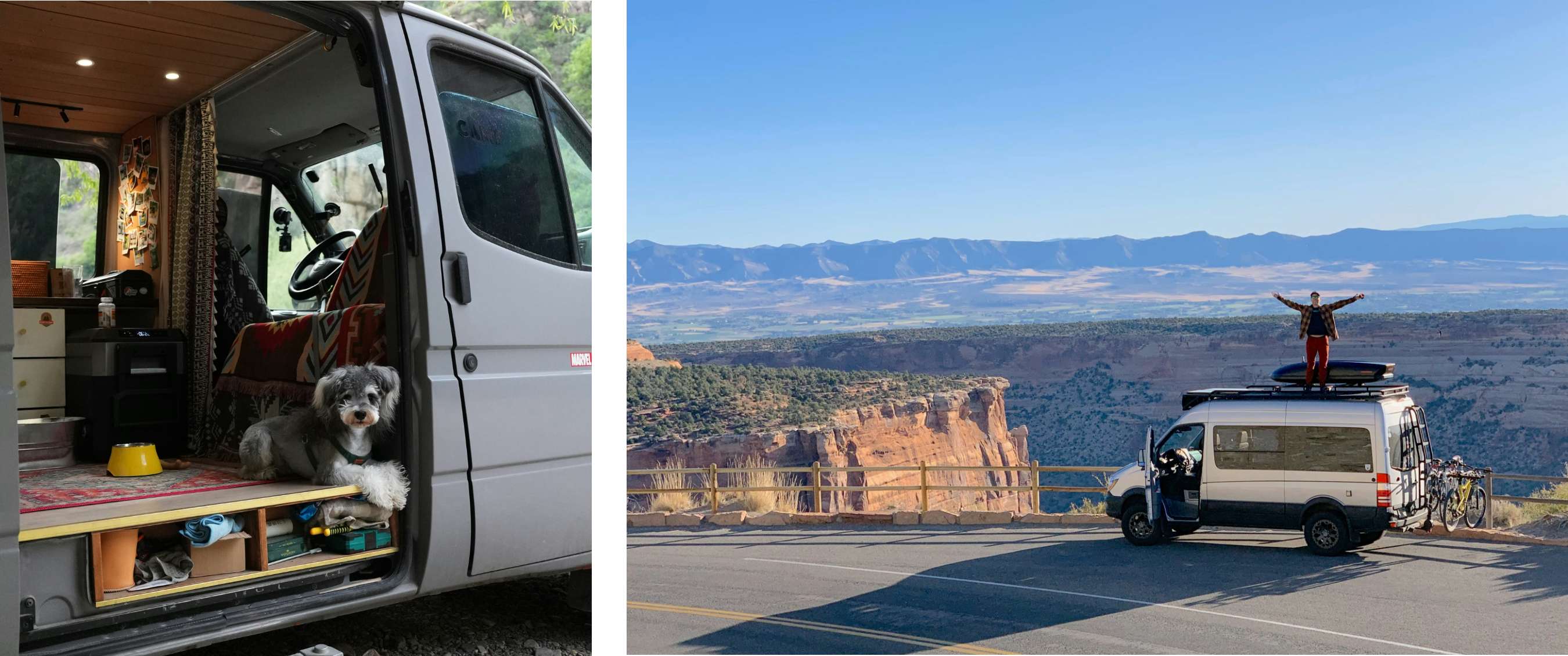 Deux images : chien sur le marchepied d’un van ; personne sur le toit du van au-dessus d’un canyon.