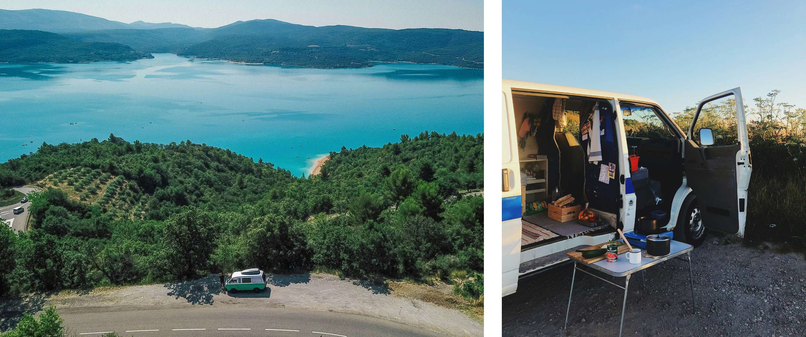 Deux images : vue sur un lac et une forêt avec un van garé ; van ouvert avec casseroles sur la table.