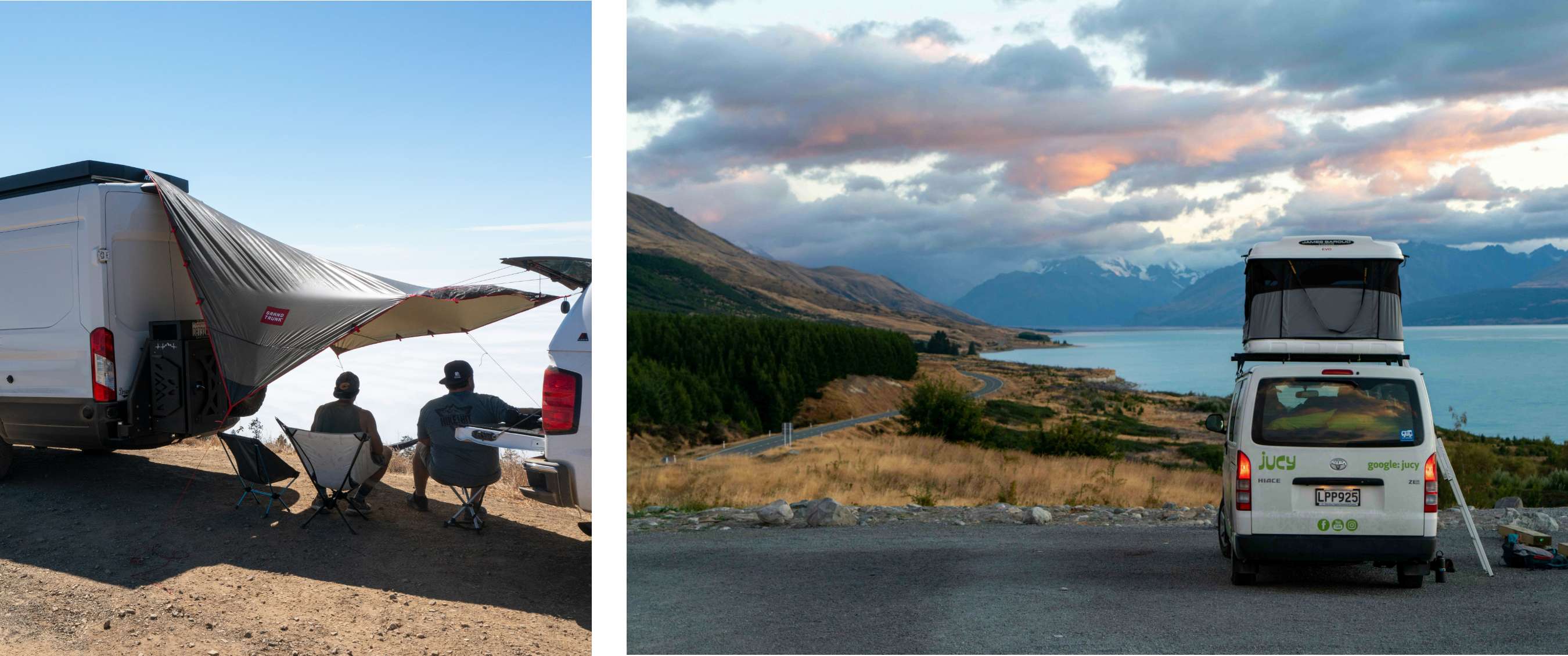 Deux images : deux personnes assises sous un auvent près d’un van ; van JUCY face au lac et aux montagnes.