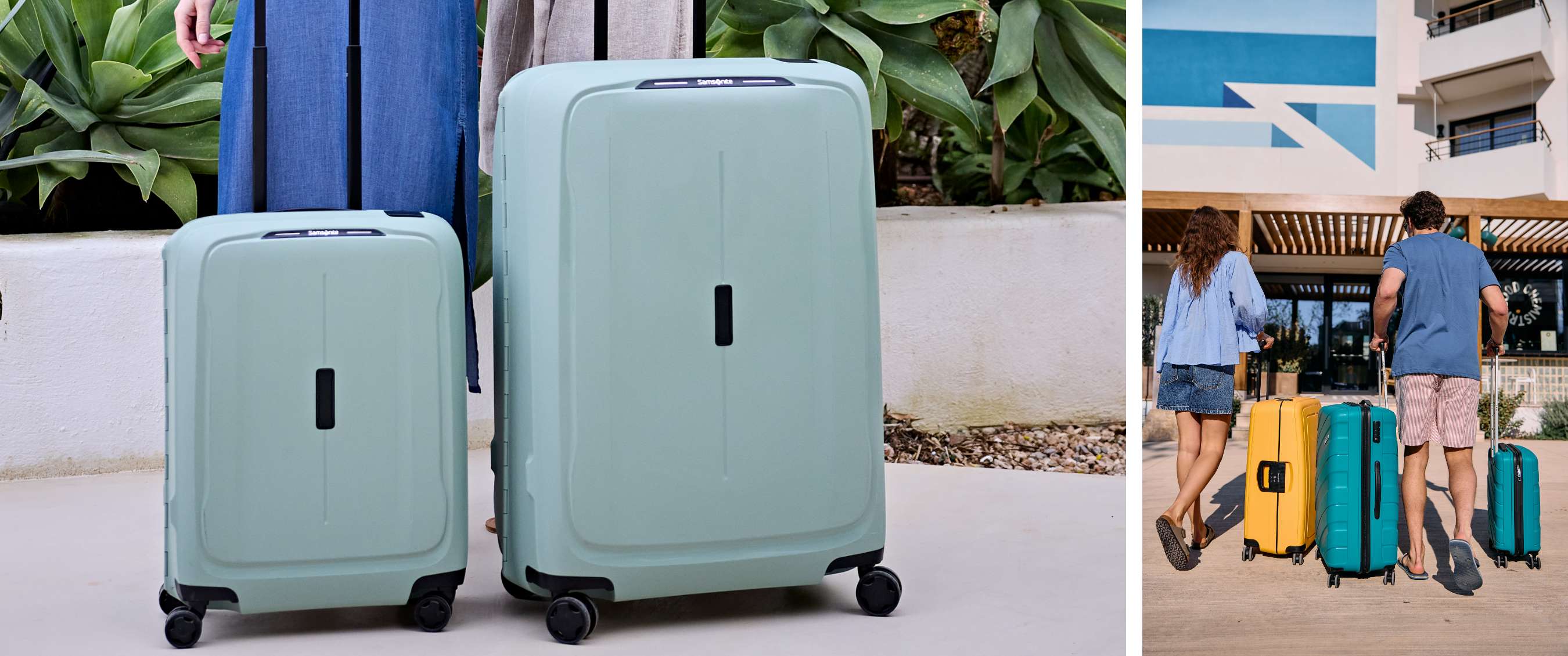 Deux images : valises vert menthe près de plantes ; voyageurs avec valises devant un hôtel
