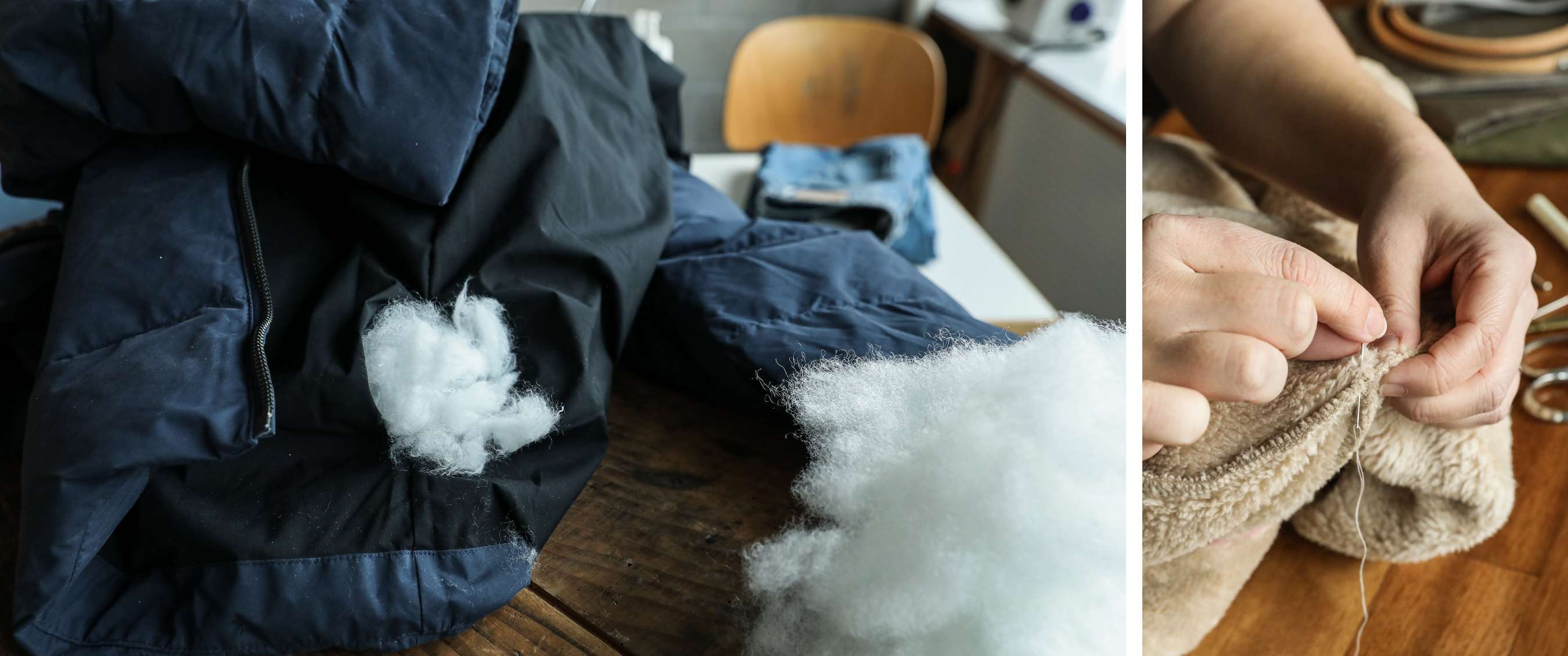 Deux images : veste noire abîmée avec rembourrage blanc ; mains réparant une polaire